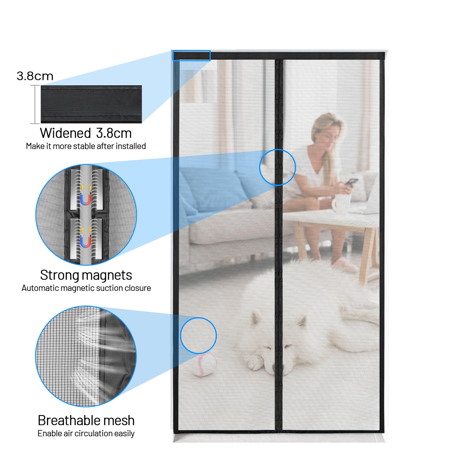 Zanzariera Magnetica per Porte, 140 x 240 CM - Nero Rete Fine, Tenda Totalmente Magnetiche,si Chiude da Sola, Zanzariera Porta Finestra Larghezza Superiore Aumentare a 3,8 CM