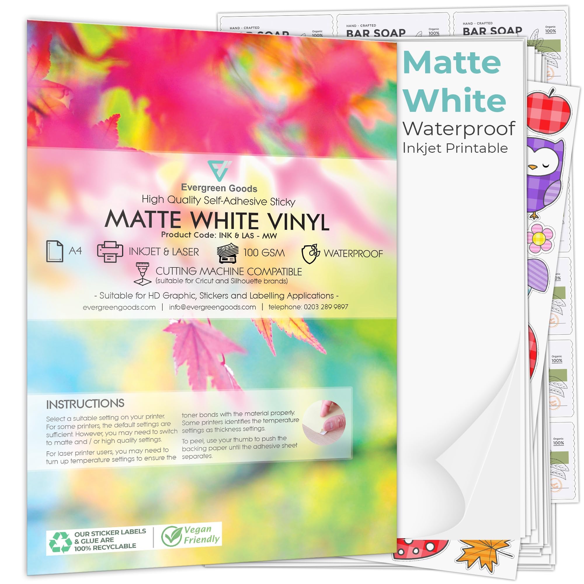 Evg White Evergreen Goods 300 Sheets A4 Waterproof Vinyl Sticker Paper, Self-Adhesive Matte Pvc Sticker Sheets, 200 Gsm, Inkjet & Laser Printable, Perfect For Custom Labels & High-Resolution Stickers