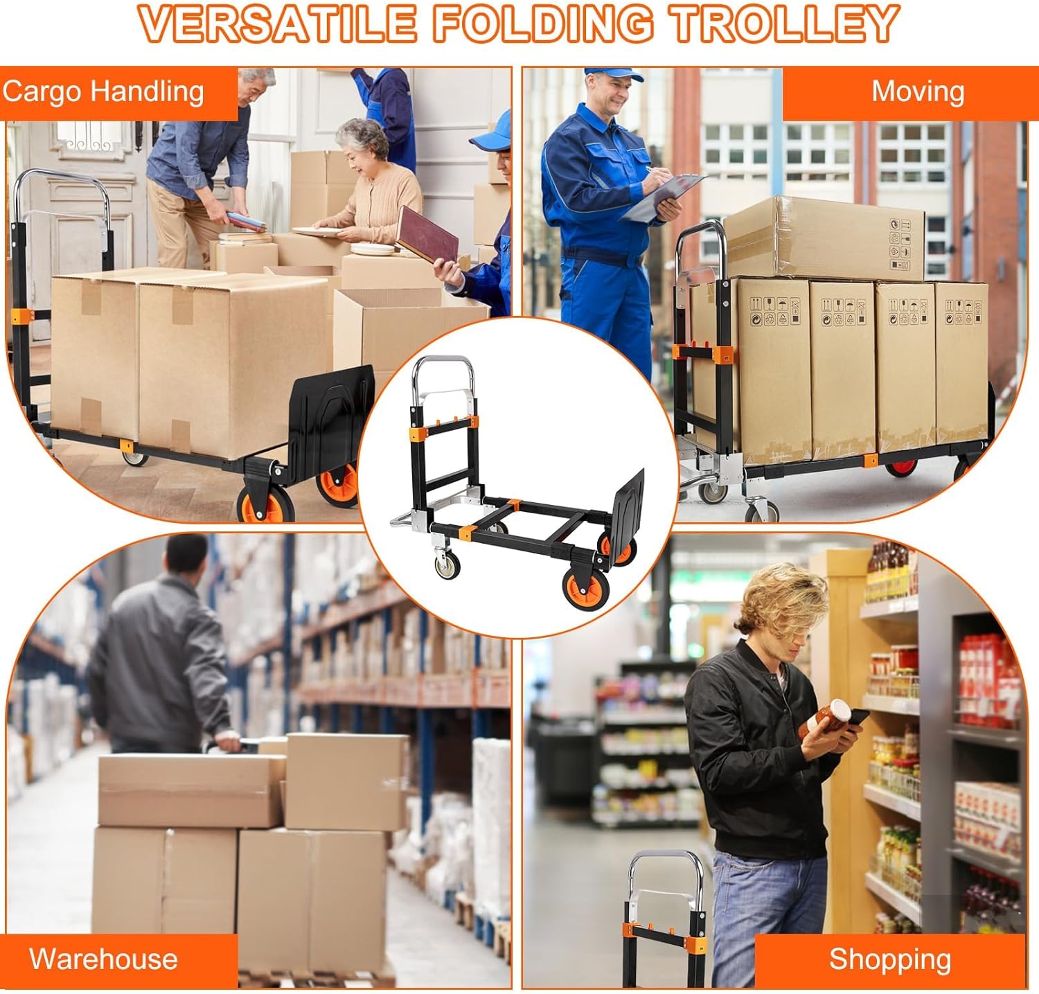 3-in-1 Aluminum Hand Truck Dolly, 660 lbs Heavy Duty Folding Trolley with Universal Wheels, Collapsible Platform Truck with Tie Down Straps for Warehouse, Supermarket, Office