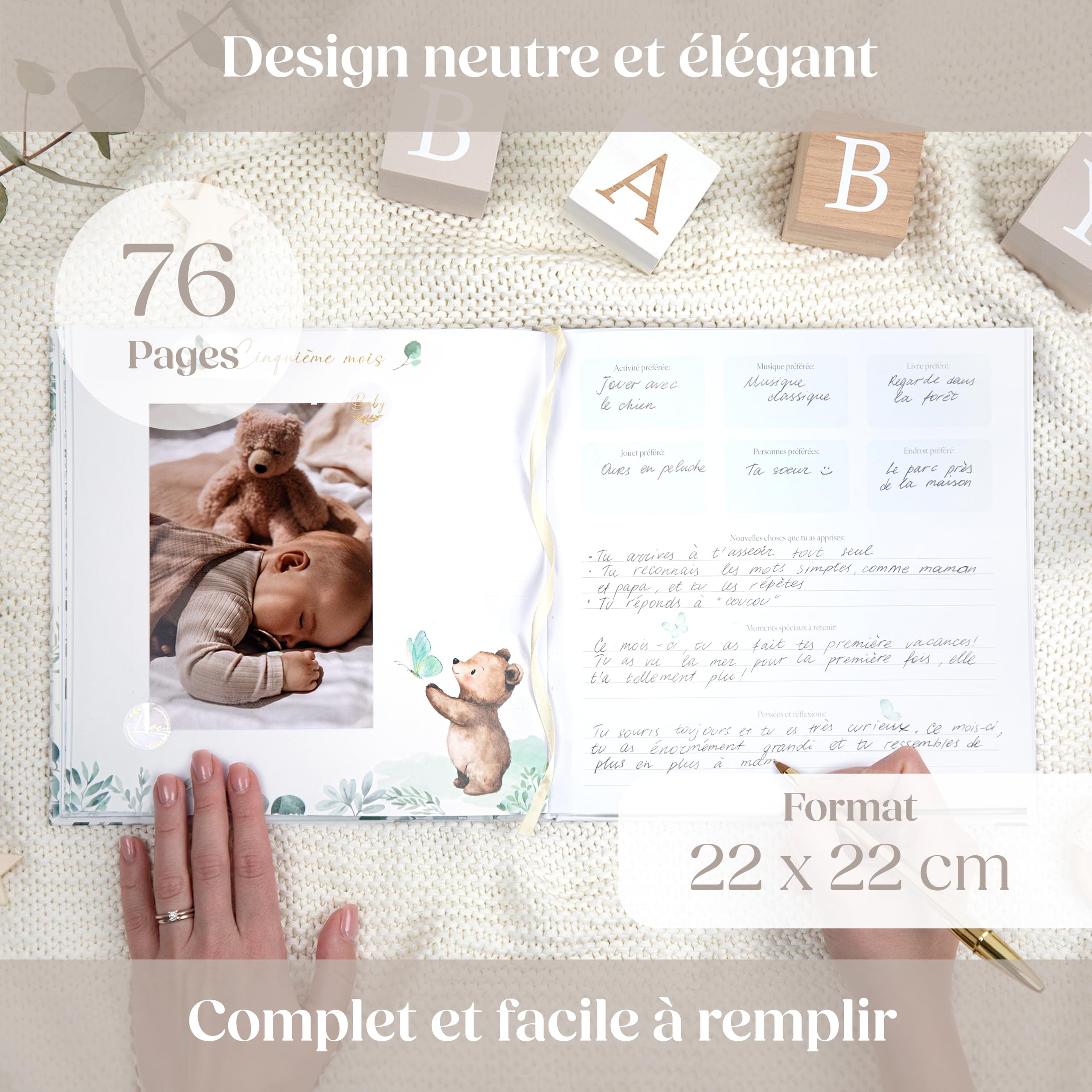 Wellode Livre de Naissance Bébé avec 76 Pages et Stickers Dorés - Album de Naissance et Livre Souvenir Bébé pour Coller des Photos et Écrire - Idéal Cadeau Naissance Fille et Garçon - 4