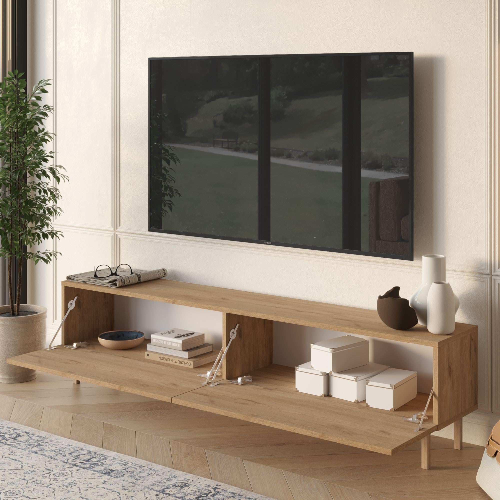 Hanah Home Modern Oak TV Stand, 180 cm, 100% Melamine Coated Particle Board, Beech Wood Legs, 18 mm Thickness | Stylish Scandinavian Design for Living Room