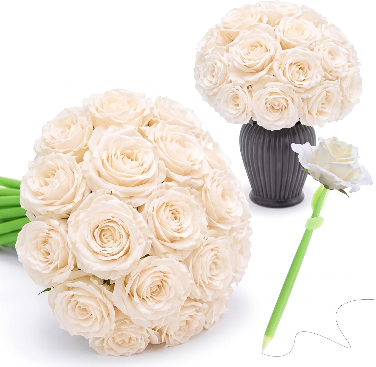 Ctosree 18 Pcs Flower Pens Artificial Mother's Day Rose Pens Bulk Floral Gel Ink Ballpoint Black for Women Wedding Spring Home Office Supplies(White,Rose)