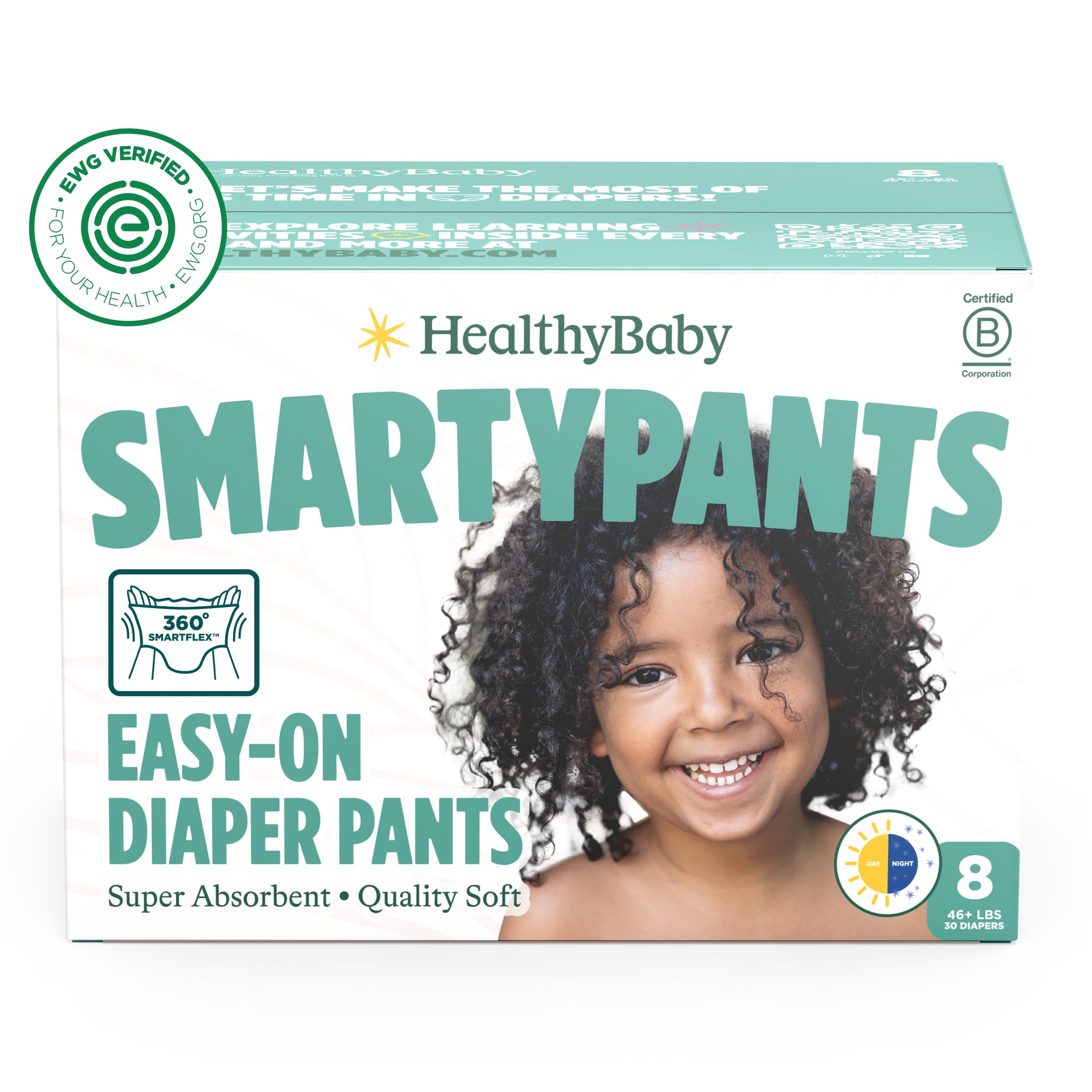 Healthybaby SmartyPants Pull Up Style Diapers | EWG Verified Safe & Plant-Based | Quilted 360 Waistband, Super Absorbent for Overnight Leak Protection | Training Pants | Size 8 (30 Count)