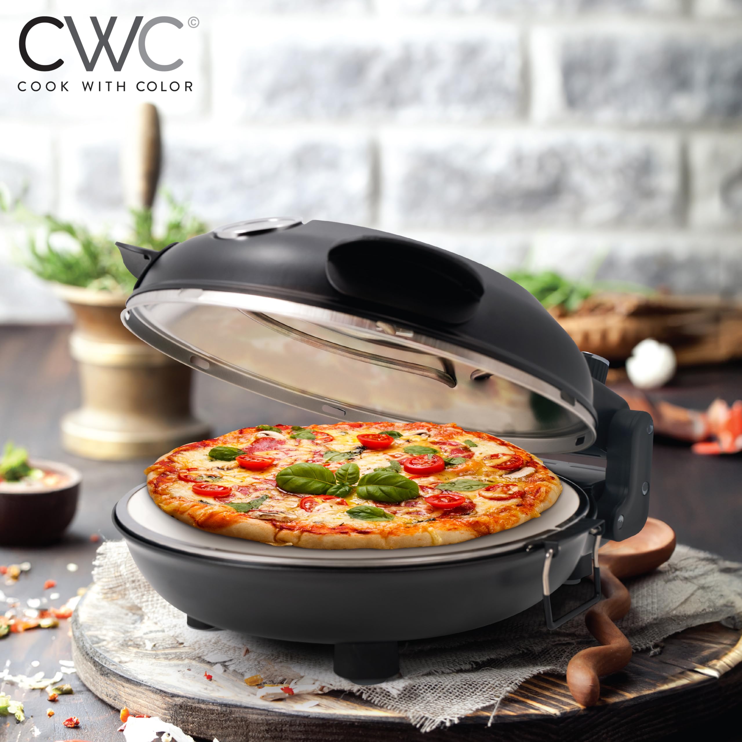 Horno eléctrico para pizza de interior – Máquina de pizza para encimera de corteza crujiente, calienta hasta 800˚F, piedra de cerámica de 12 pulgadas, perillas de control de 4