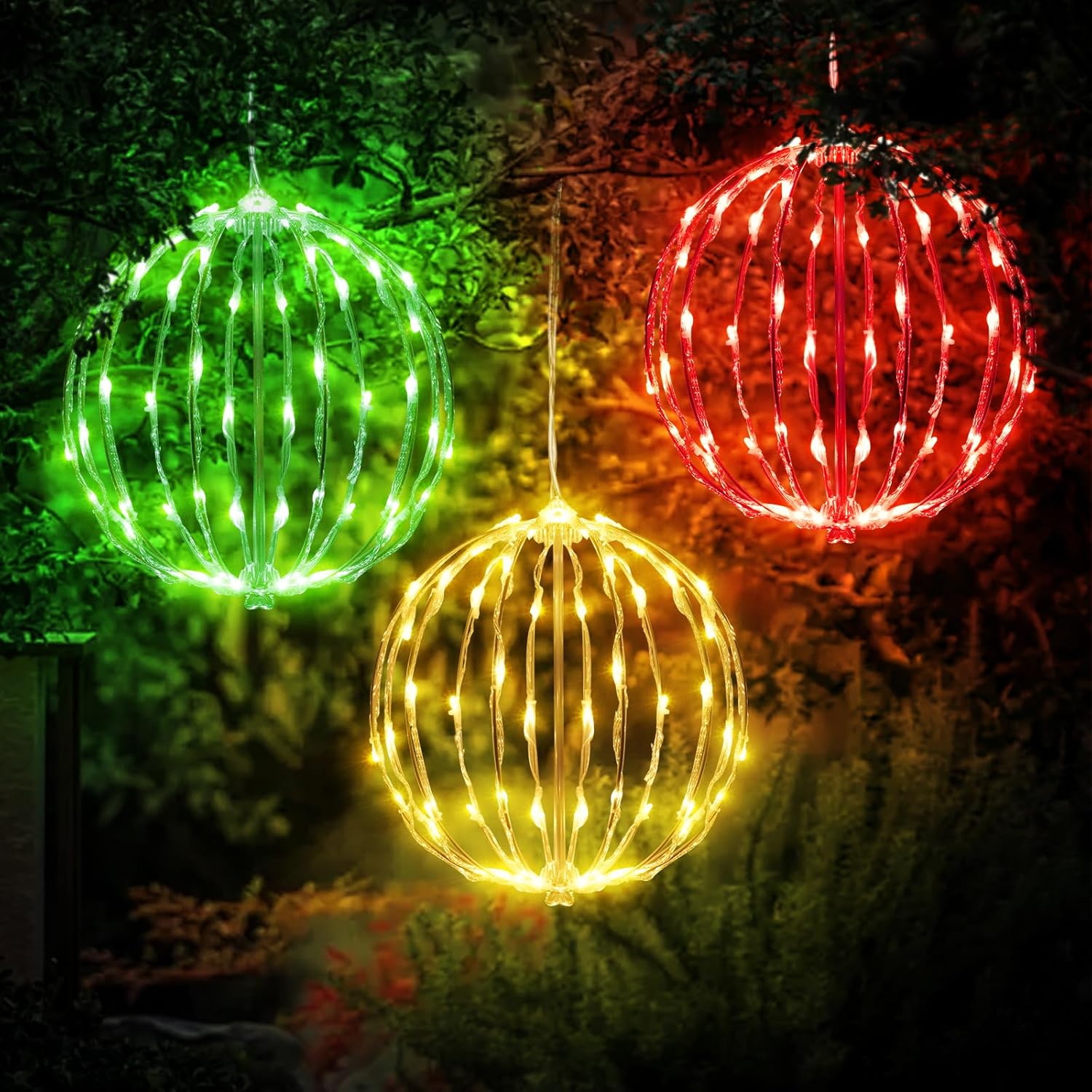 LED Light Balls Outdoor Set of 3, Hanging Tree Globe Lights with Fold Flat Metal Frame for Outside, Garden, Yard, Christmas Sphere Decoration (Multi-Color)