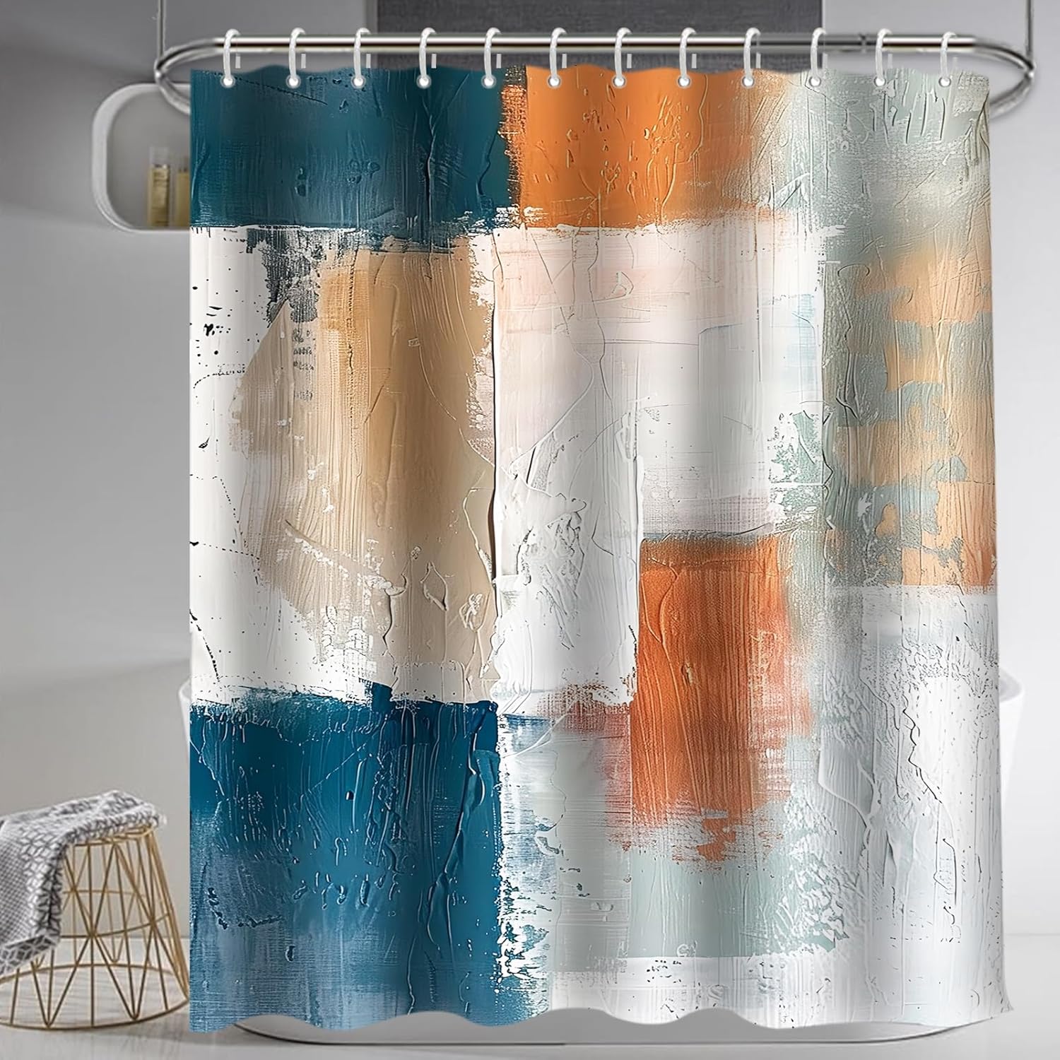 Lnond 4Pcs Bathroom Sets with Shower Curtain and Rugs, Blue Orange White Abstract Bathroom Shower Curtain Sets, Blue Orange Modern Art Bathroom Sets with Rugs and Accessories