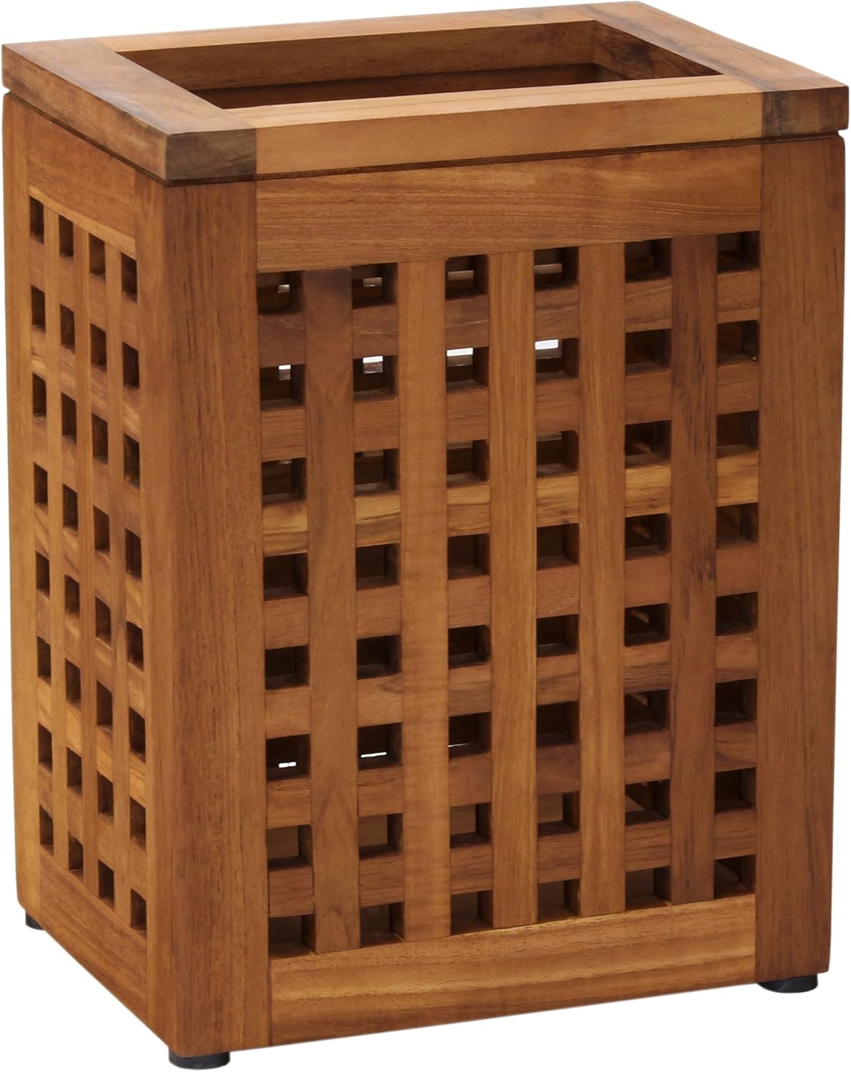 Teak Wood Lattice Waste Basket with Rubber Feet