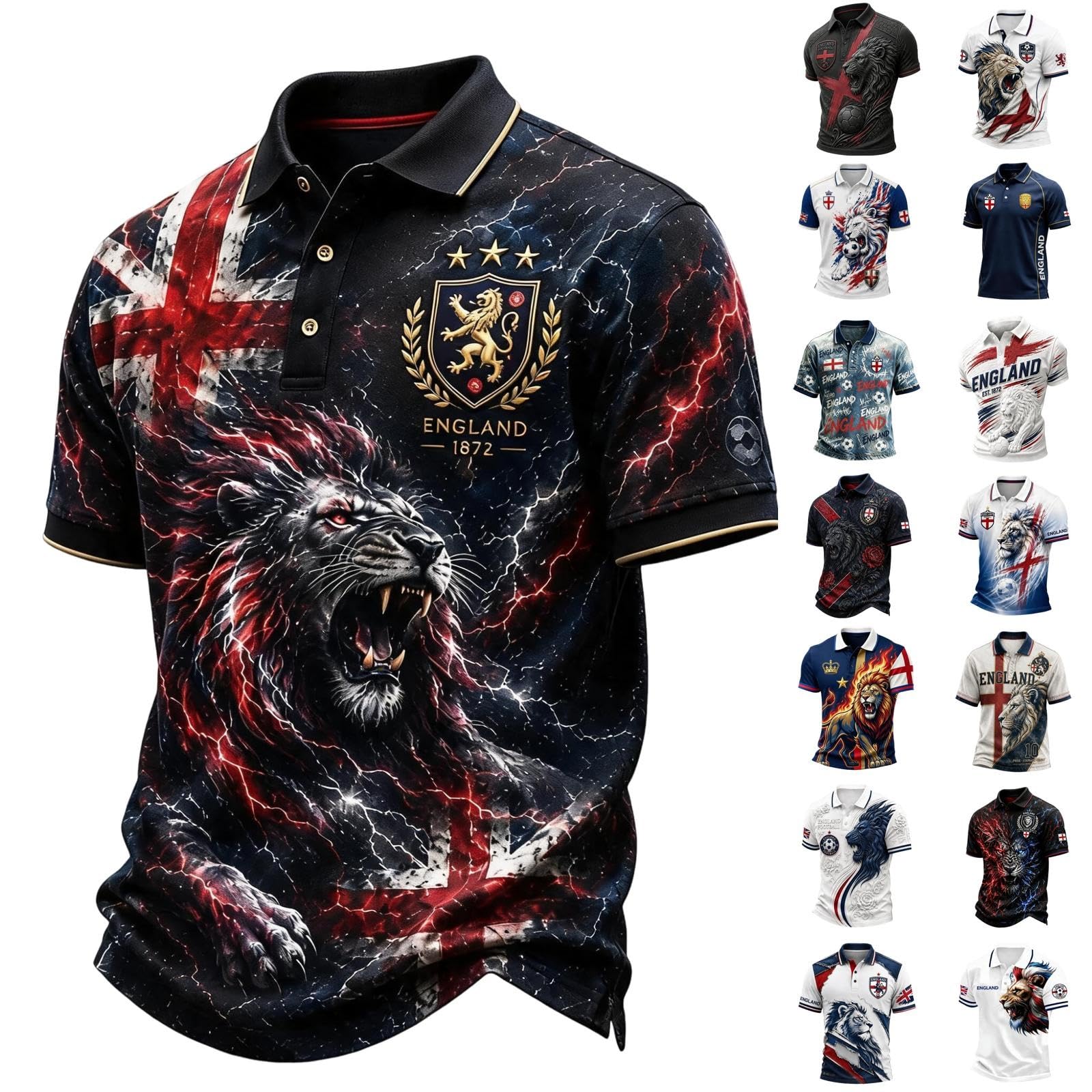 Men’s England Football Shirt 2026 with Lion Print Collared Short Sleeve Polo Shirt for Supporters of Football National Flag Casual Print Button Down Collar Top Outdoor Sports Shirts 13#Red 3XL
