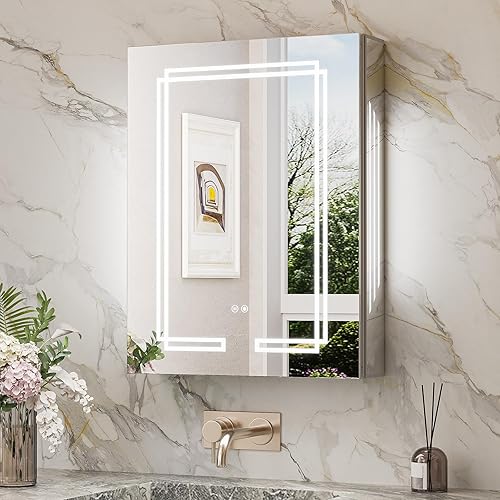 TokeShimi Botiquín iluminado de 20 x 26 pulgadas, espejo de gabinete de medicina LED templado de 3 colores con almacenamiento y desempañador,