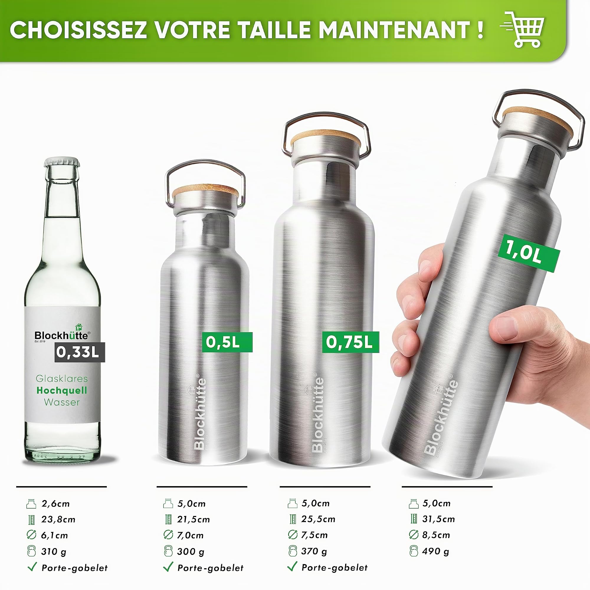 Blockhütte gourde isotherme personnalisée en acier inox, bouteille isotherme 1l, bouteille d'eau anti-fuite, gourde thermos passe au lave-vaisselle I pour école, bureau, enfants, adultes