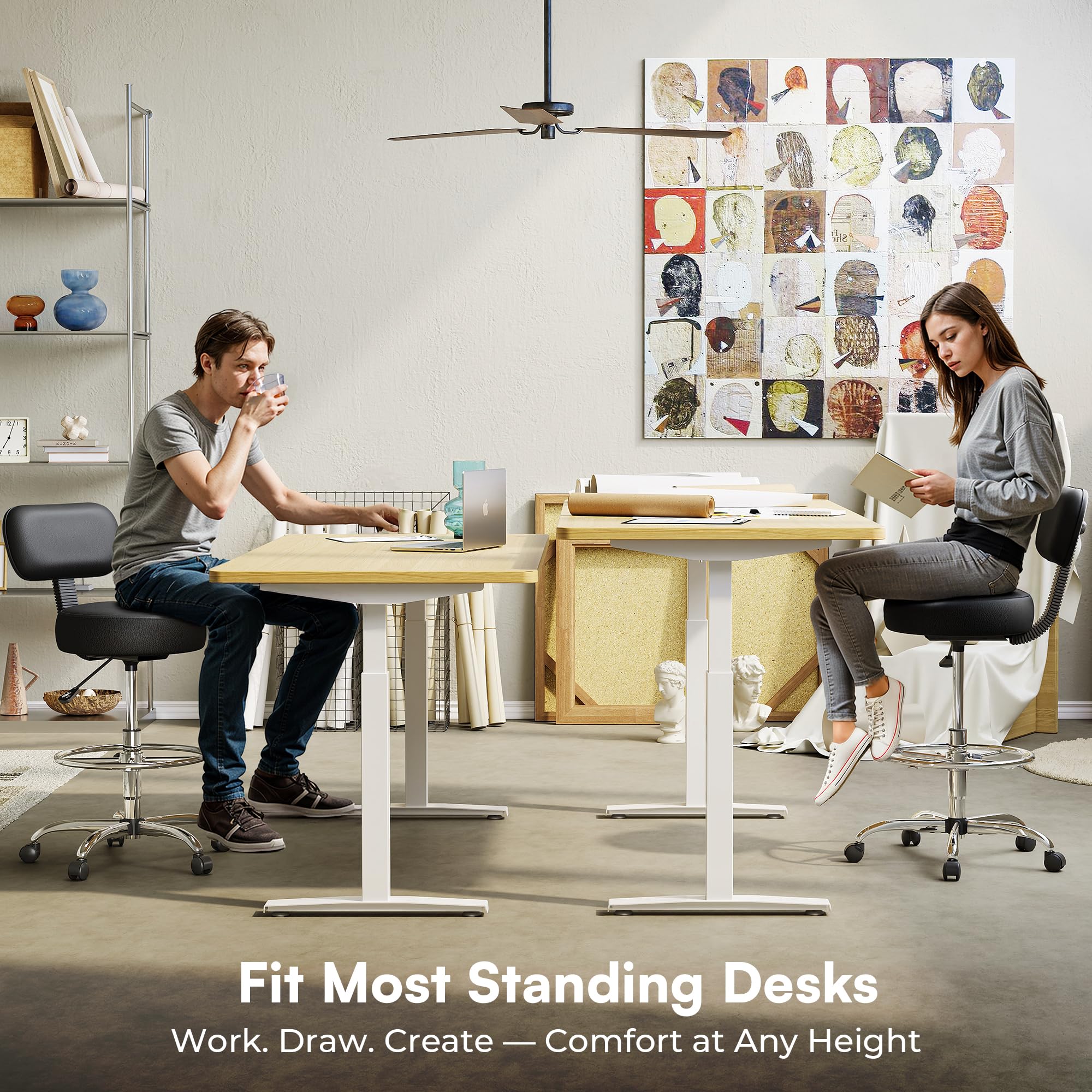 SUPERJARE Drafting Chair with Back Adjustable Foot Rest Rolling Stool Multi-Purpose Office Desk Chair Thick Seat Cushion for — view 6