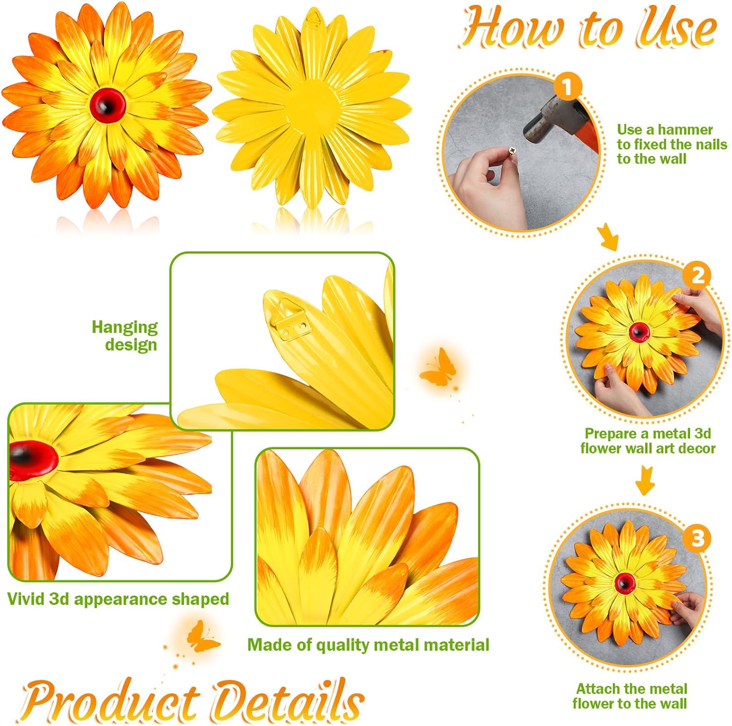Gisafai 10 Pack Metal Flowers Wall Decor Outdoor, 3D Metal Daisy & Butterfly Fence Decor Wall Art for Garden Patio Backyard Balcony, Colorful Housewarming Birthday Mother's Day Gift(Fashion)