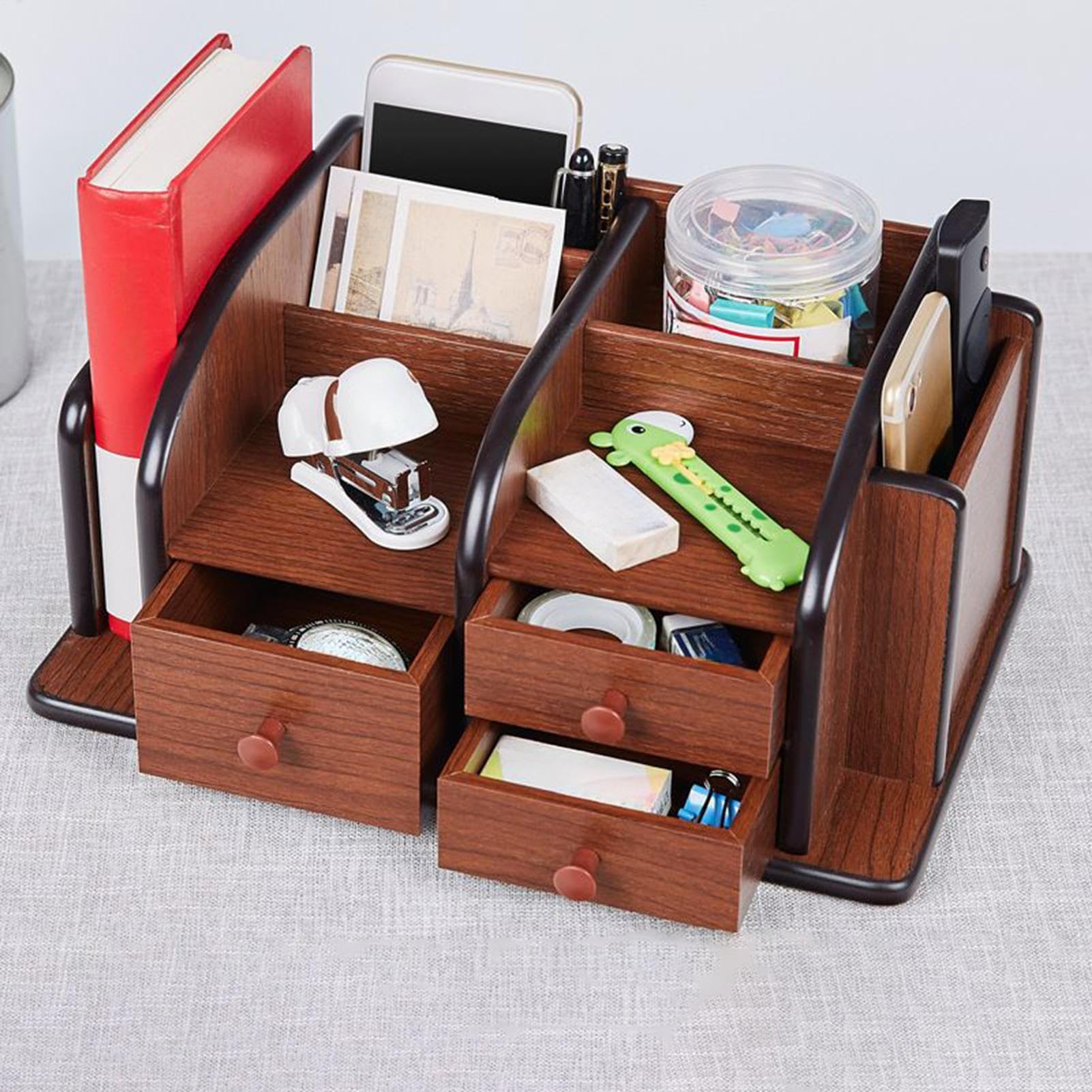Soporte Control Remoto de Mesa Estante Cargador Con Cajón Y Libreta | Organizador De Escritorio En Madera Con Cajones Llaves Bloc Notas Lápiz Suministros Oficina Muebles Pequeños Café Mesita