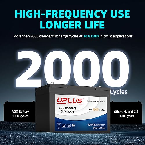 Miniatura 3 de UPLUS - Batería de ciclo profundo de 12 V 100 Ah, LDC12-100M sin mantenimiento, BCI Group 27 baterías de gel recargables para energía solar, RV,