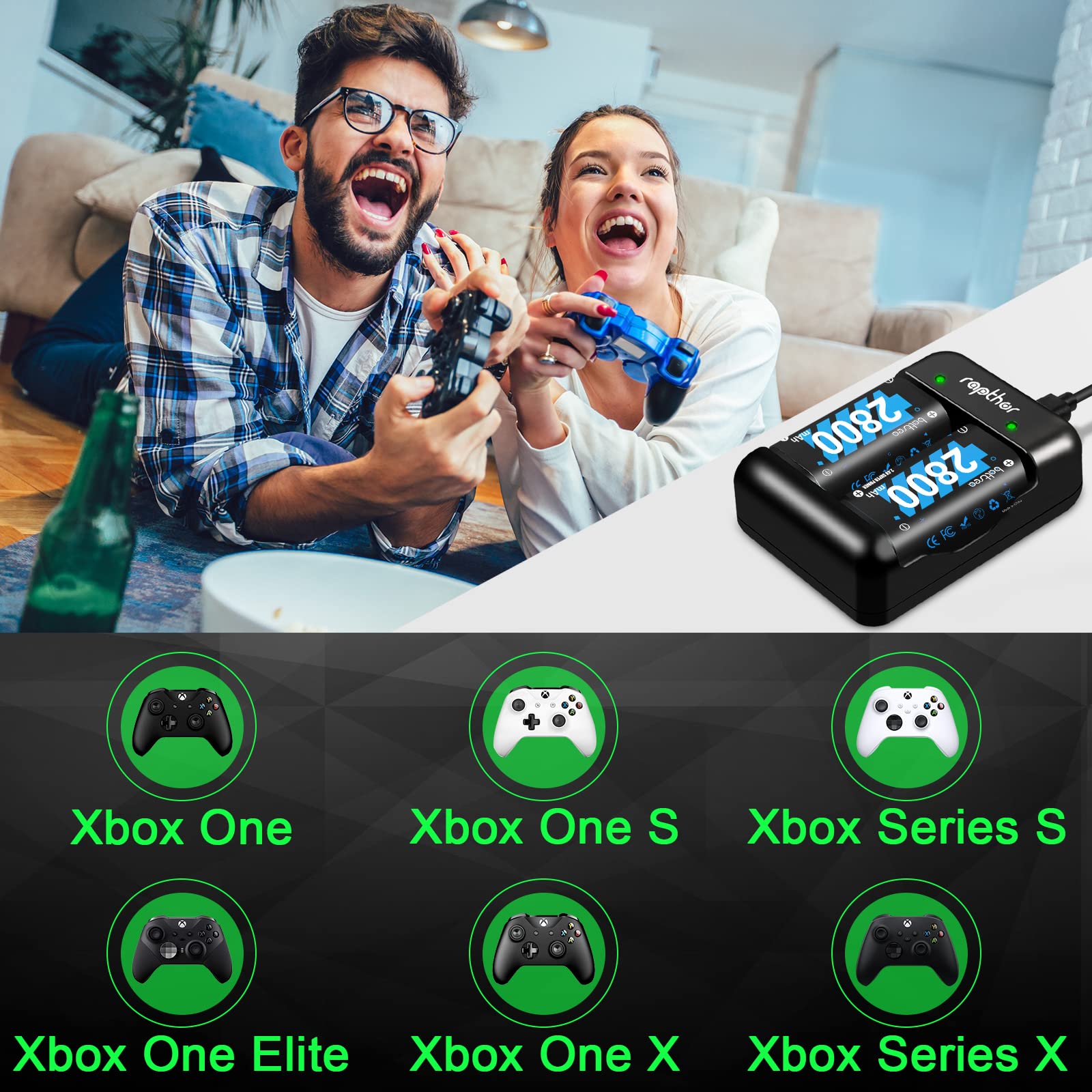 Batterie rechargeable 4x 2800mAh pour Xbox One/Series Controller avec station de charge rapide compatible avec Xbox One/One S/One X/Series X/Series S Controller Accessoires Kit