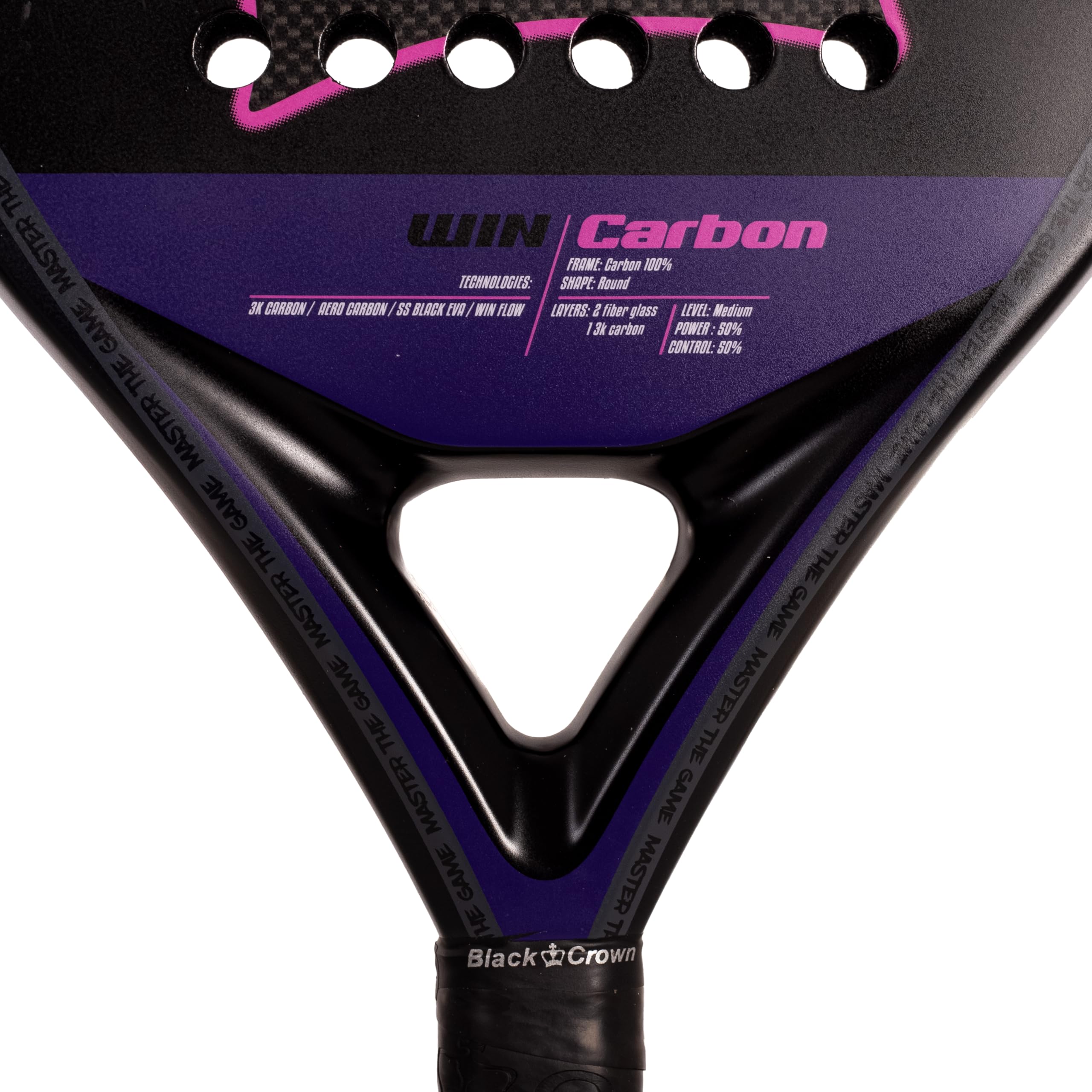 Black Crown - Win Carbon forma rotonda, gomma Super Soft EVA, doppio tubolare carbonio 100%, carbonio 3K, ampio sweet spot, morbidezza e comfort.