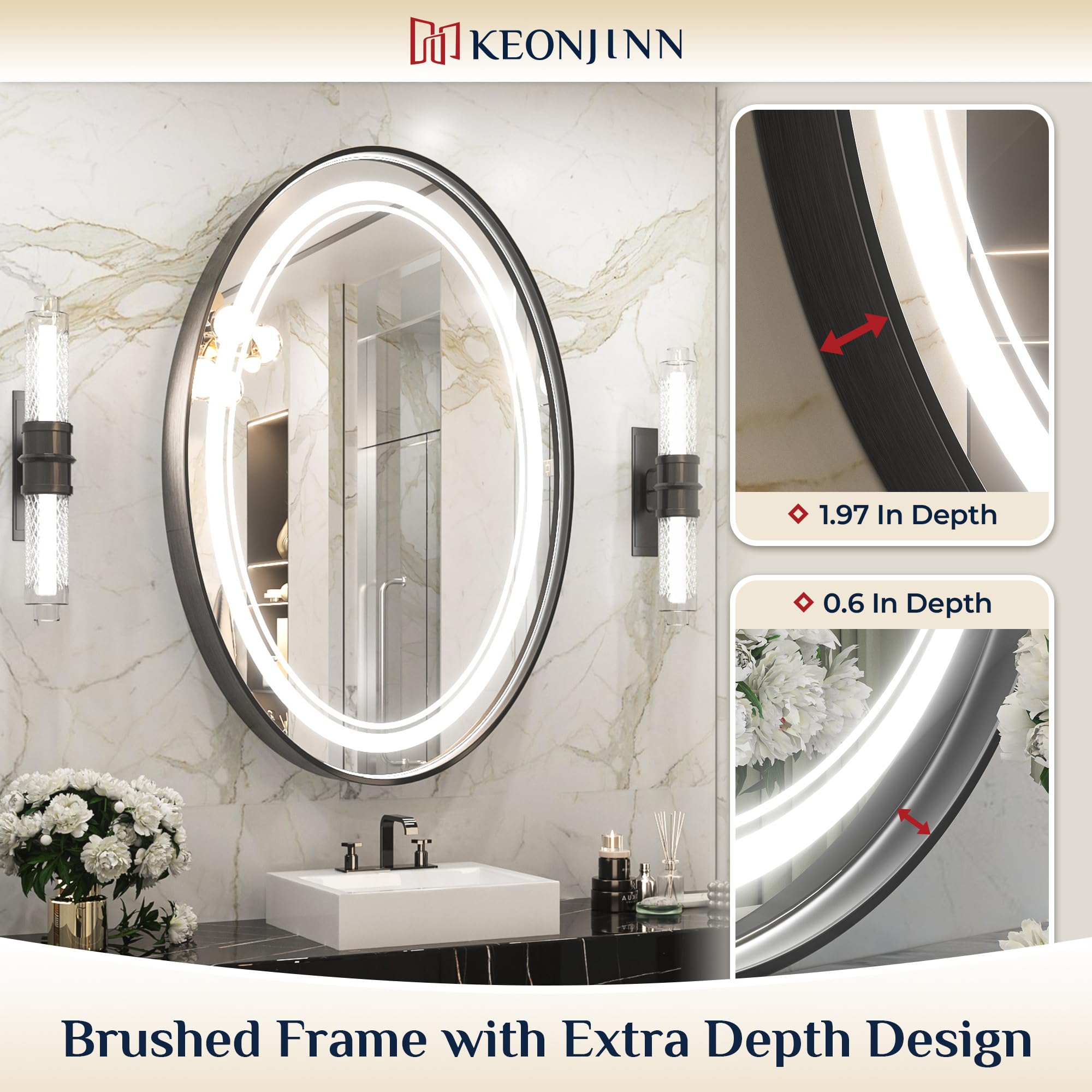 Keonjinn 24 x 36 Inch LED Oval Mirror Black Framed Bathroom with 3 ...