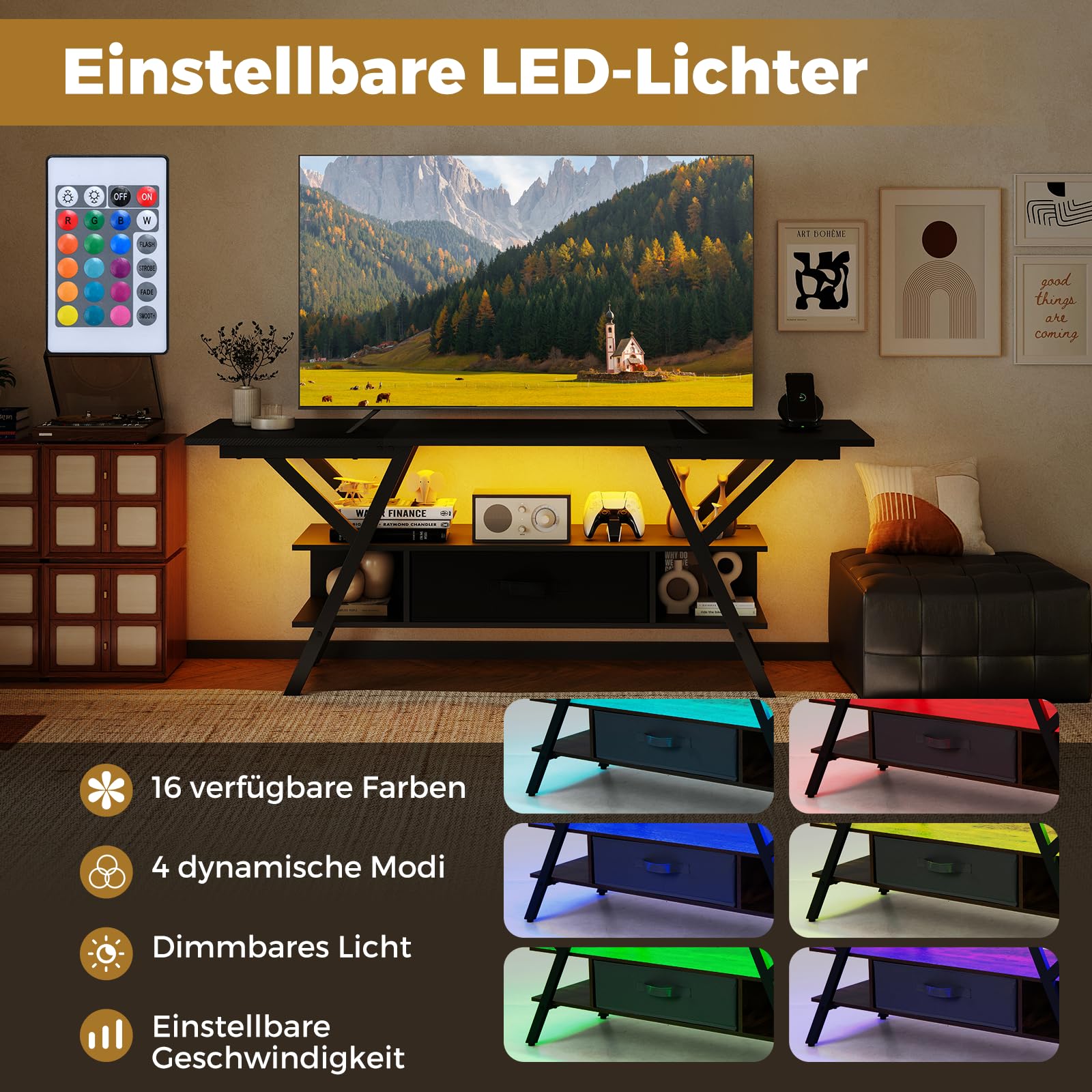 COSTWAY Stojak pod telewizor z diodami LED i gniazdem USB + gniazda typu C, szafka pod telewizor 65", 3-poziomowe centrum rozrywki, stolik konsolowy z półkami i szufladą z materiału (czarny)