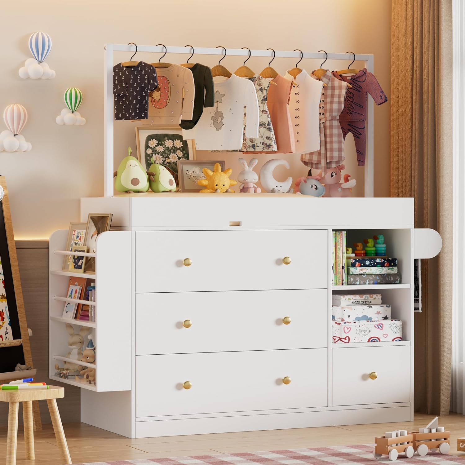 Modern Changing Table Dresser,Baby Dressing Table with 4 Drawers and Storage Shelves,Multi-Functional Baby Changing Table with Drying Rack for Nursery, White