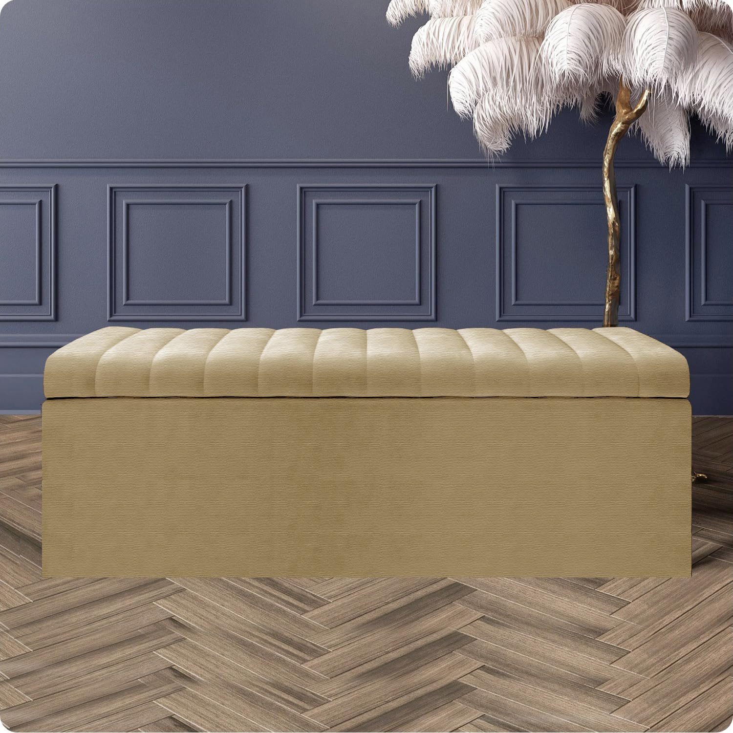 Naples Velvet Ottoman Storage Box, Upholstered Blanket Box with Hinged Lid, Bedroom Storage Ottoman, End of Bed Storage Bench, Padded Ottoman Storage Seat for Living Room & Hallway