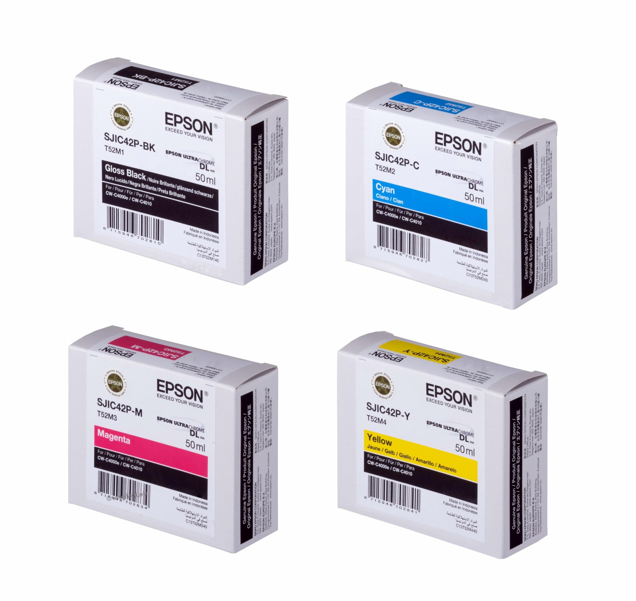 Epson Lot de 4 cartouches d'encre d'origine SJIC42P-BK, SJIC42P-C, SJIC42P-M, SJIC42P-Y (T52M1, T52M2, T52M3, T52M4) Noir, Cyan, Magenta, Jaune 50 ml pour ColorWorks C4000, C4000e (BK)
