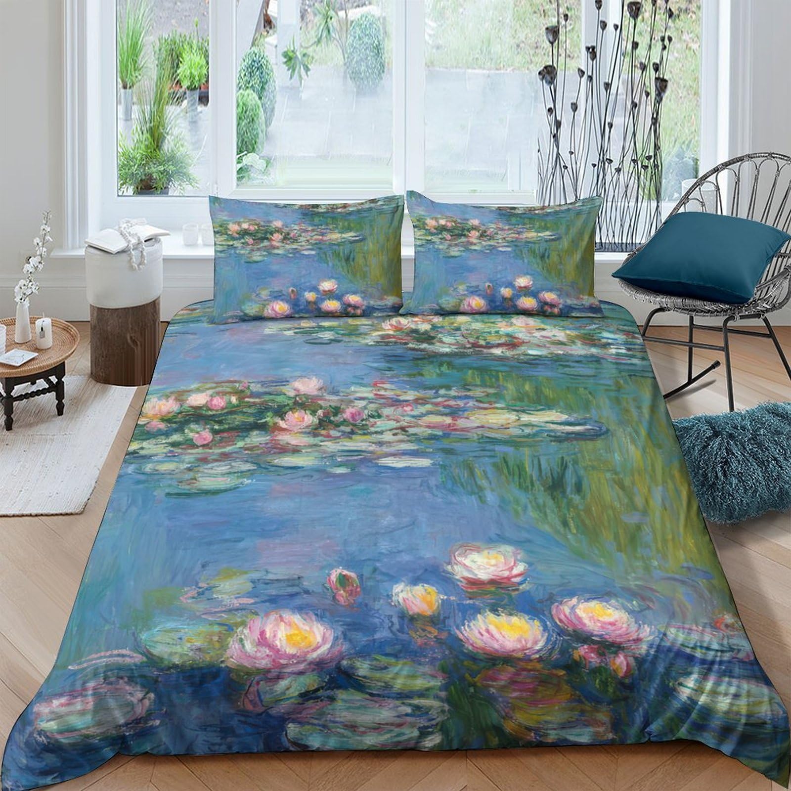 Ctjqhvkz Style-8 3D Printed Water Lilies Fitted Sheet Microfiber Soft Bedroom Decor Monet Pond Mattress Cover Washable Single（135X200cm）