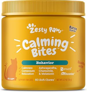 Zesty Paws Calming Chews for Cats - Composure & Relaxation for Everyday Stress & Separation - with Ashwagandha, Organic Chamomile, L-Theanine & L-Tryptophan – Bacon - 60 Count - Cat