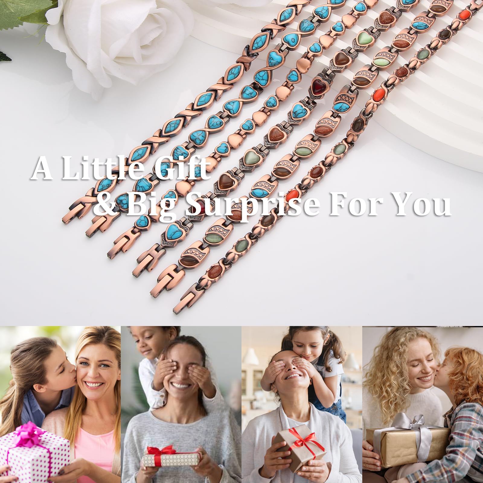 MagEnergy Bracelet en cuivre pour femme 3500 Gauss Aimants Puissants Motifs d'amour infini Turquoise