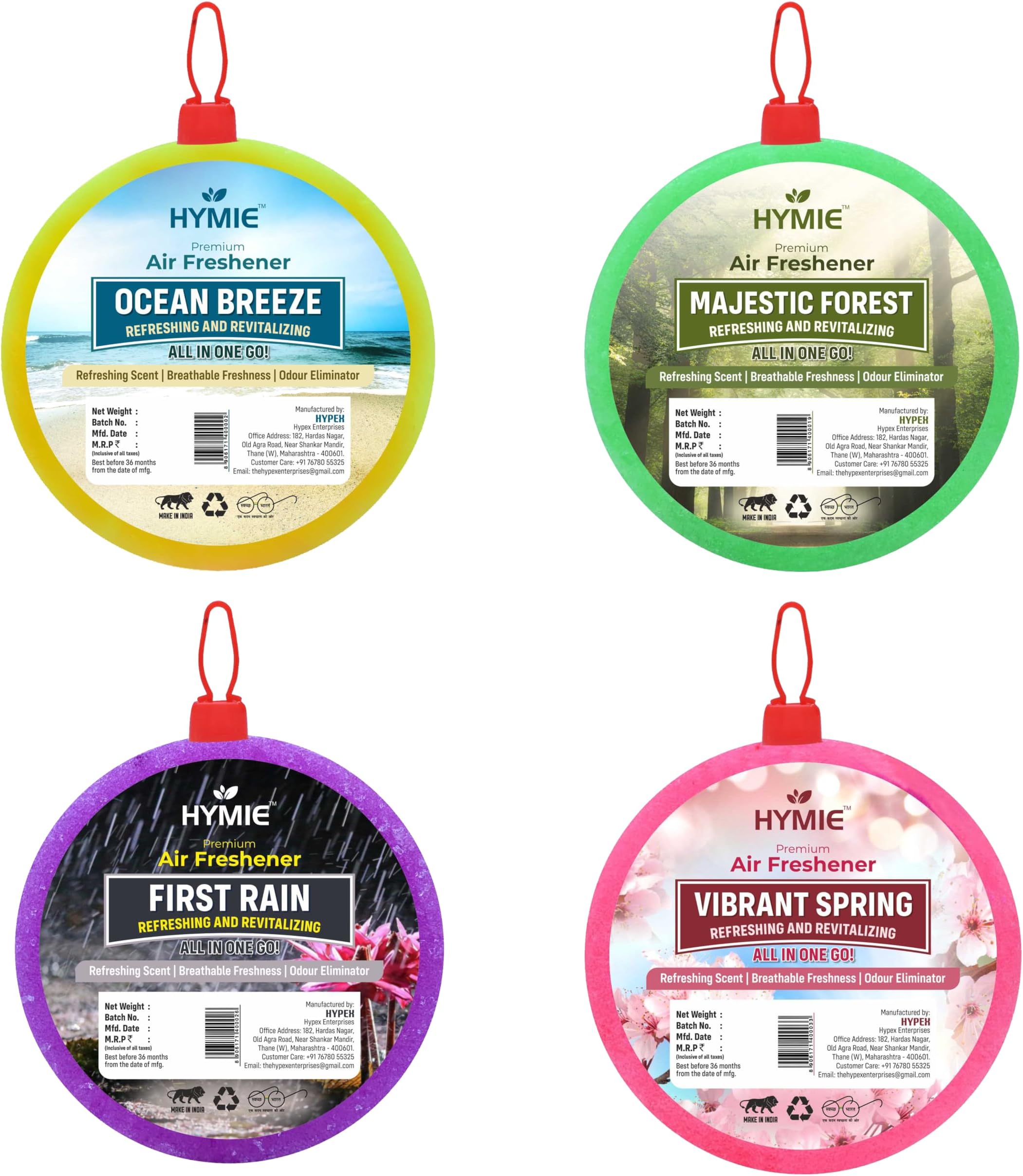 Hymie Air Freshener First Rain, Ocean Breeze, Majestic Forest, Vibrant Spring Combo Pack of 4 For Washbasin, Kitchen, Pantry, Long Lasting Fragrance, Self Adhesive Wall Hanging With Hook