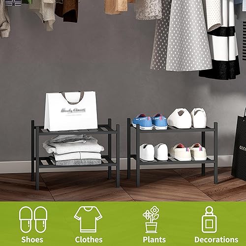 Miniatura 6 de BMOSU Zapatero pequeño de bambú de 2 niveles apilable de alta calidad, organizador de almacenamiento para pasillo, armario, sala de estar,
