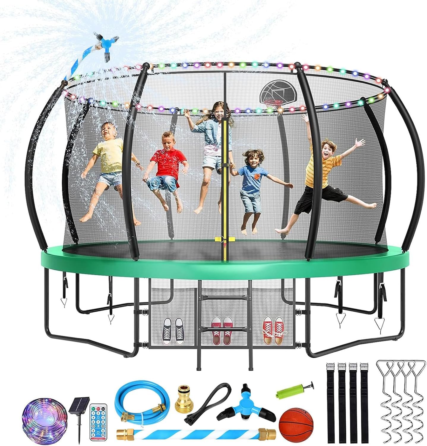 Lyromix 14FT Trampoline for Kids and Adults, Outdoor Trampolines with Curved Poles, Pumpkin Shaped Backyard Trampoline with Sprinkler, Stakes, Light, Basketball, Basketball Hoop and Storage Bag- INCOMPLETE 