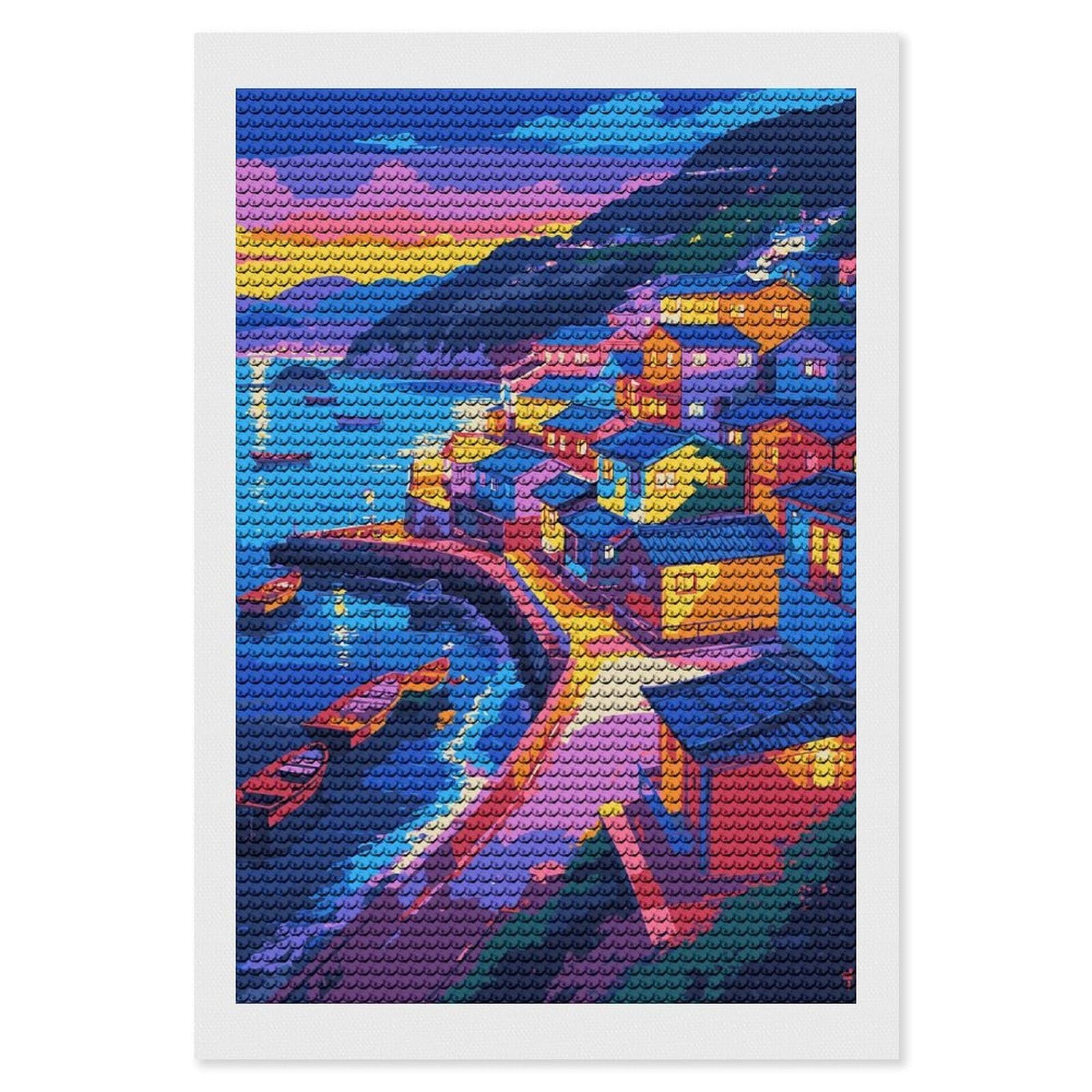 Junmoney Colorful Coastal Village at Sunset Diamond Painting Canvas Set 8"x12", for Women, Pleasing Wall Art Project, Aesthetic Room Decor, Gift Idea