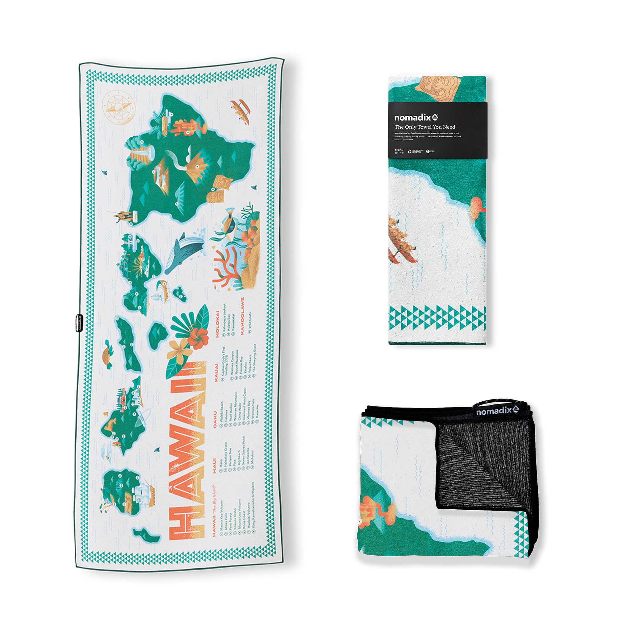 Nomadix Original Towel - Perfect for Beach, Pool, Travel, Camping, Yoga - Made with Recycled Materials - Super Absorbent - Sand Resistant - Hawaii Map - 72.5x30 Green & White
