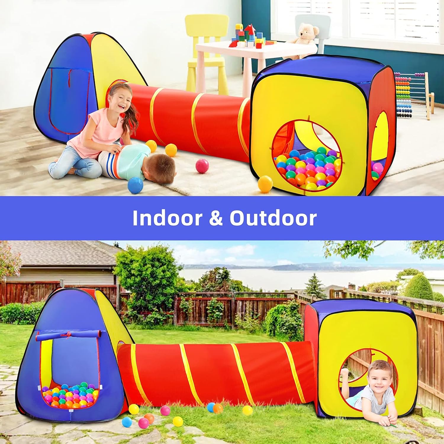 Kids Play Tent with Ball Pit+Crawl Tunnel+Castle Tent, Pop Up Toddlers Playhouse for Boys and Girls Gift, Collapsible Children Play Tent Toy Indoor and Outdoor Games (Colorful Fort) : Toys & Games