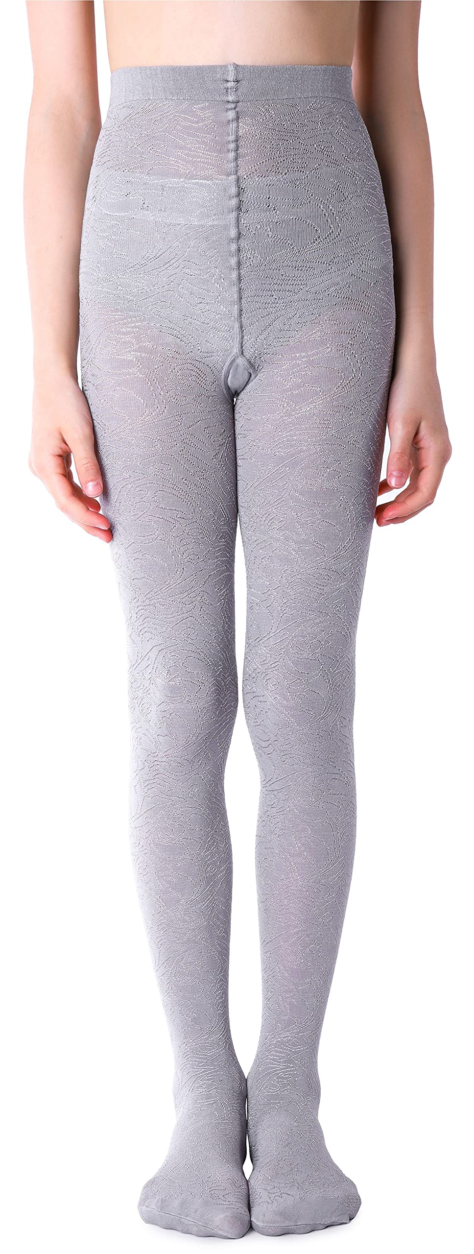 Noq Girls Nazca Grey Tights With 3D Effect Pattern Plain Dance Gymnastic School Pantyhose Fancy Outfit Little Princess, 11-12 Years (146-152 Cm)