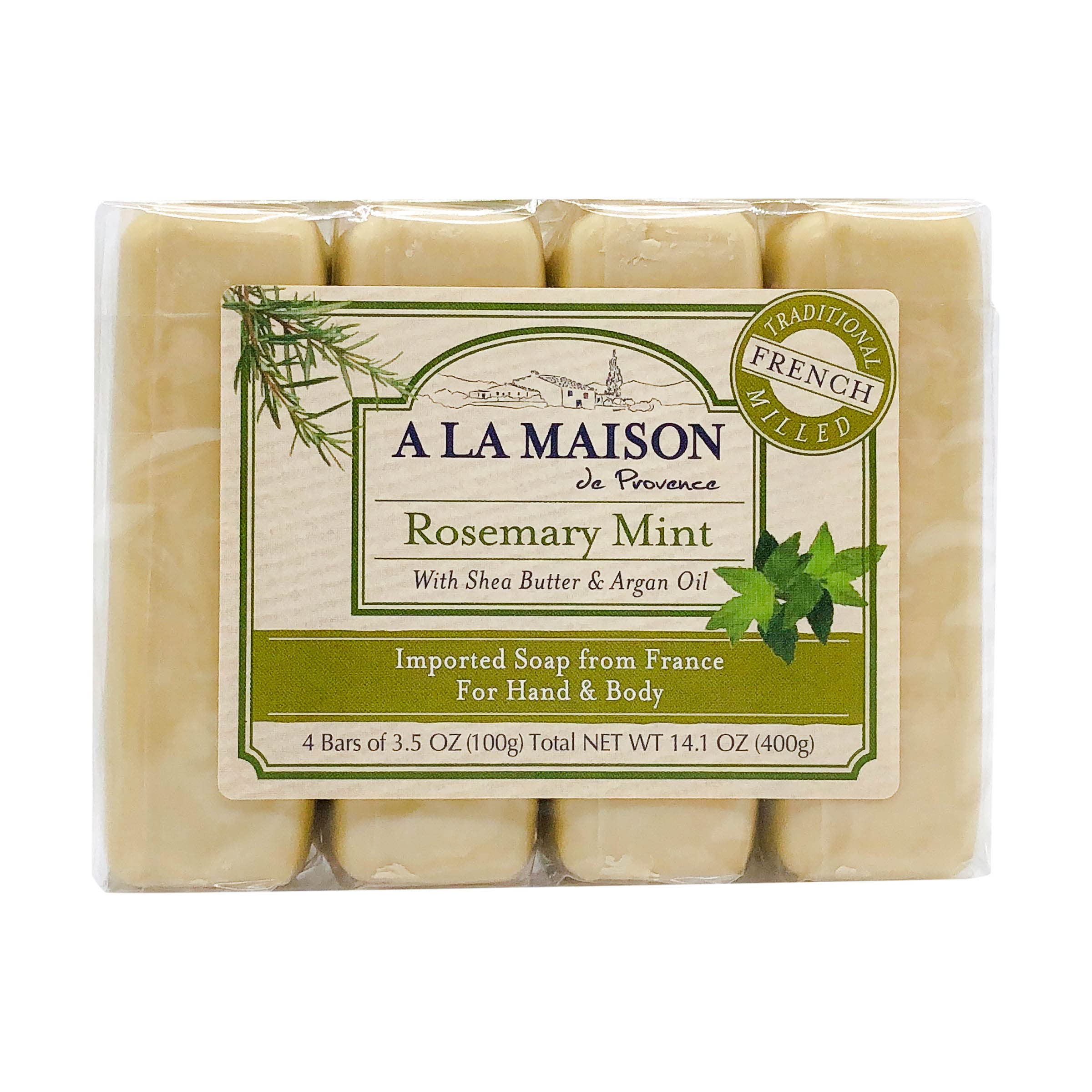 A LA MAISON Provence Bar, Rosemary Mint Scent, French Milled Moisturizing Natural Hand & Body Soap, 3.5 Oz, 4 Count