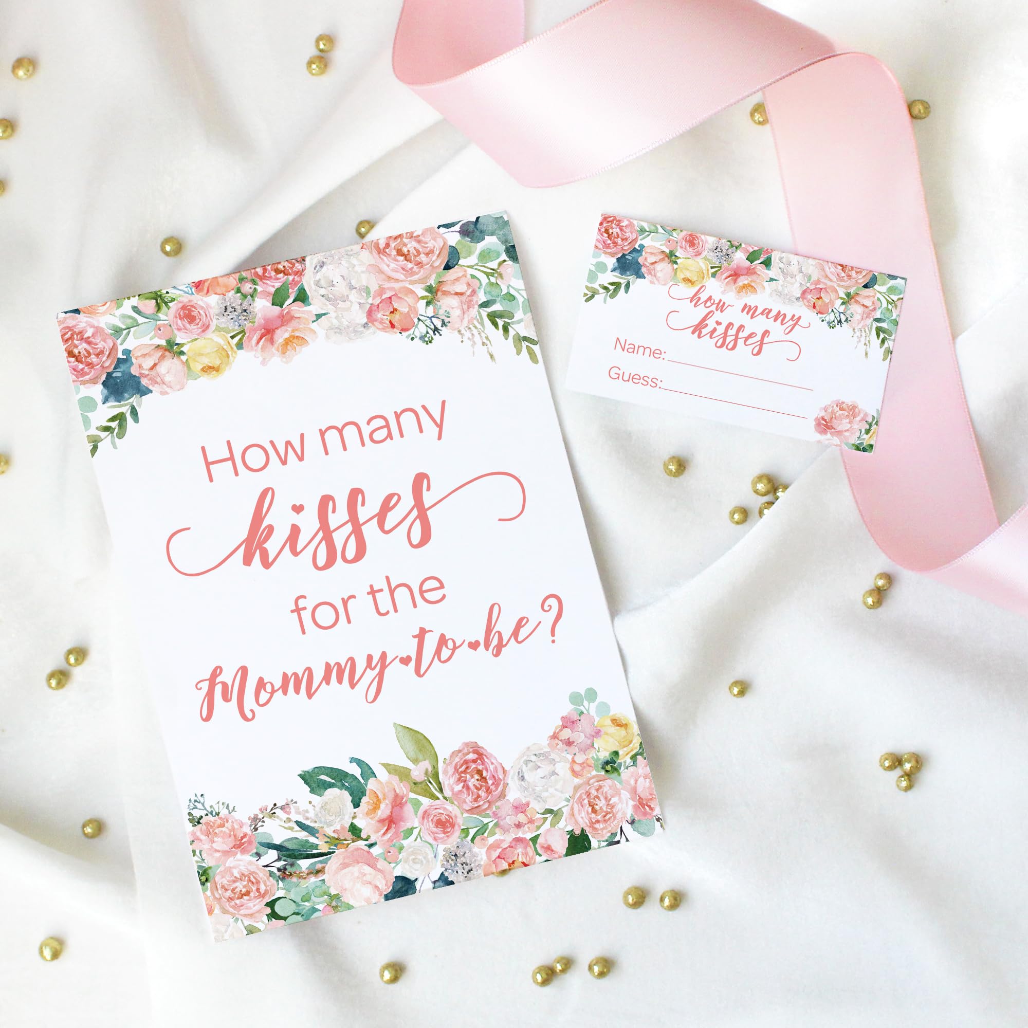 Guess How Many Kisses – Brautparty-Spiel Mit Schild & 50 Karten, Rosa Schleife