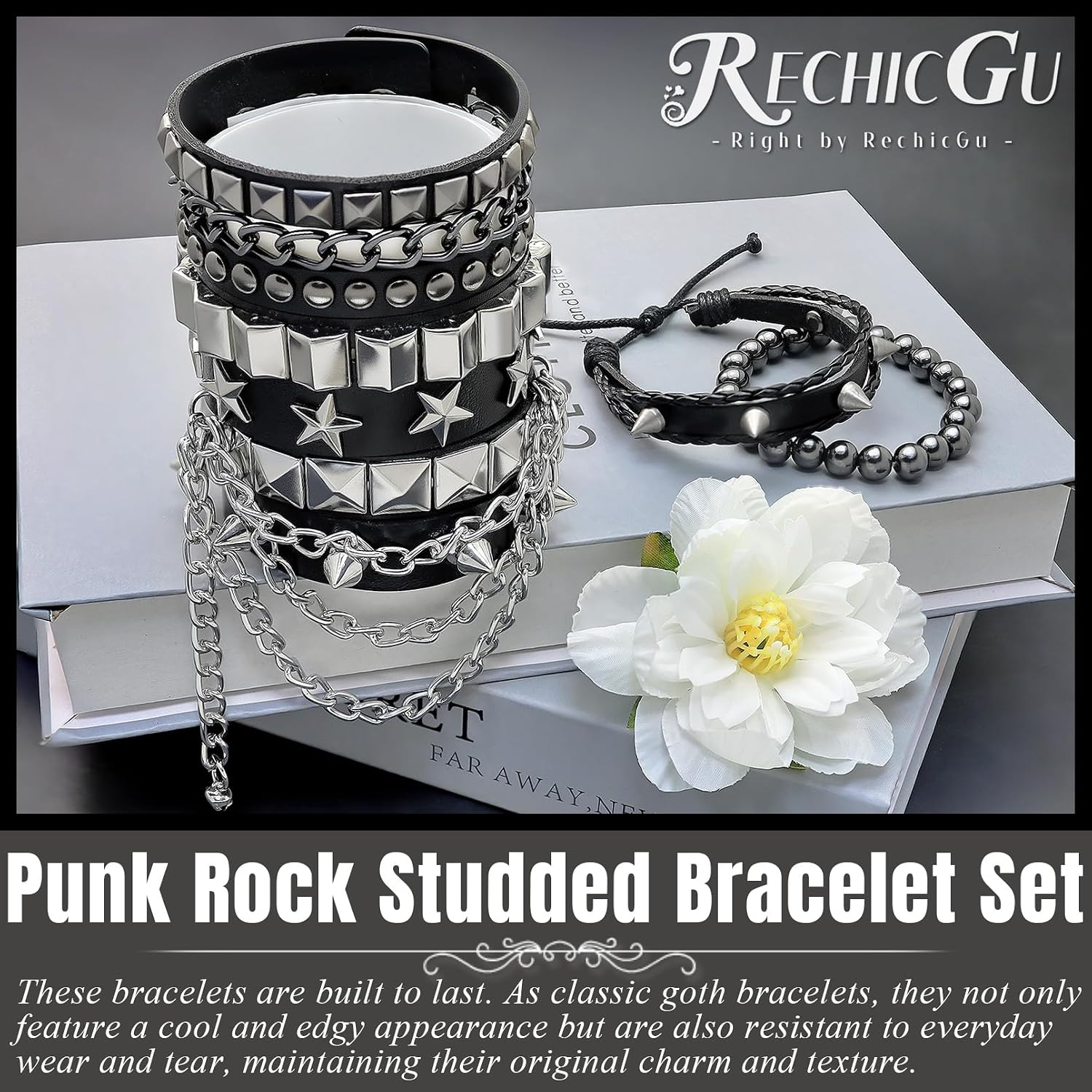 RechicGu 6 Pcs Emo Punk Rock Spiked Studded Bracelets Set for Women Men Goth Punk Grunge Accessories Adjustable PU Leather Cuff Bracelets Retro Beaded Y2K Star Chain Wristband for Alt Gothic Outfits image 5