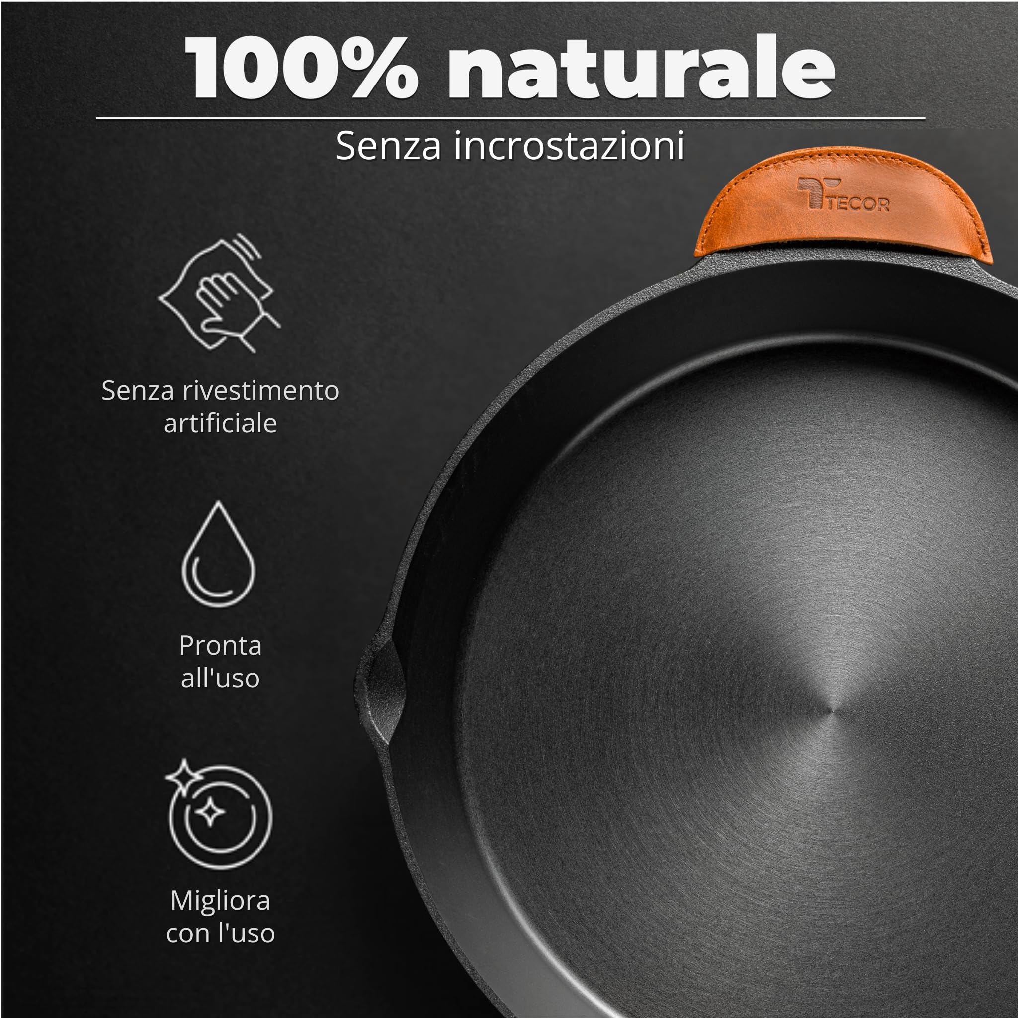 TECOR padella ghisa induzione 28 cm levigata - Naturalmente antiaderente e universale per tutte le fonti di calore - Resistente e versatile per cuochi amatoriali e professionisti - Cast Iron Skillet