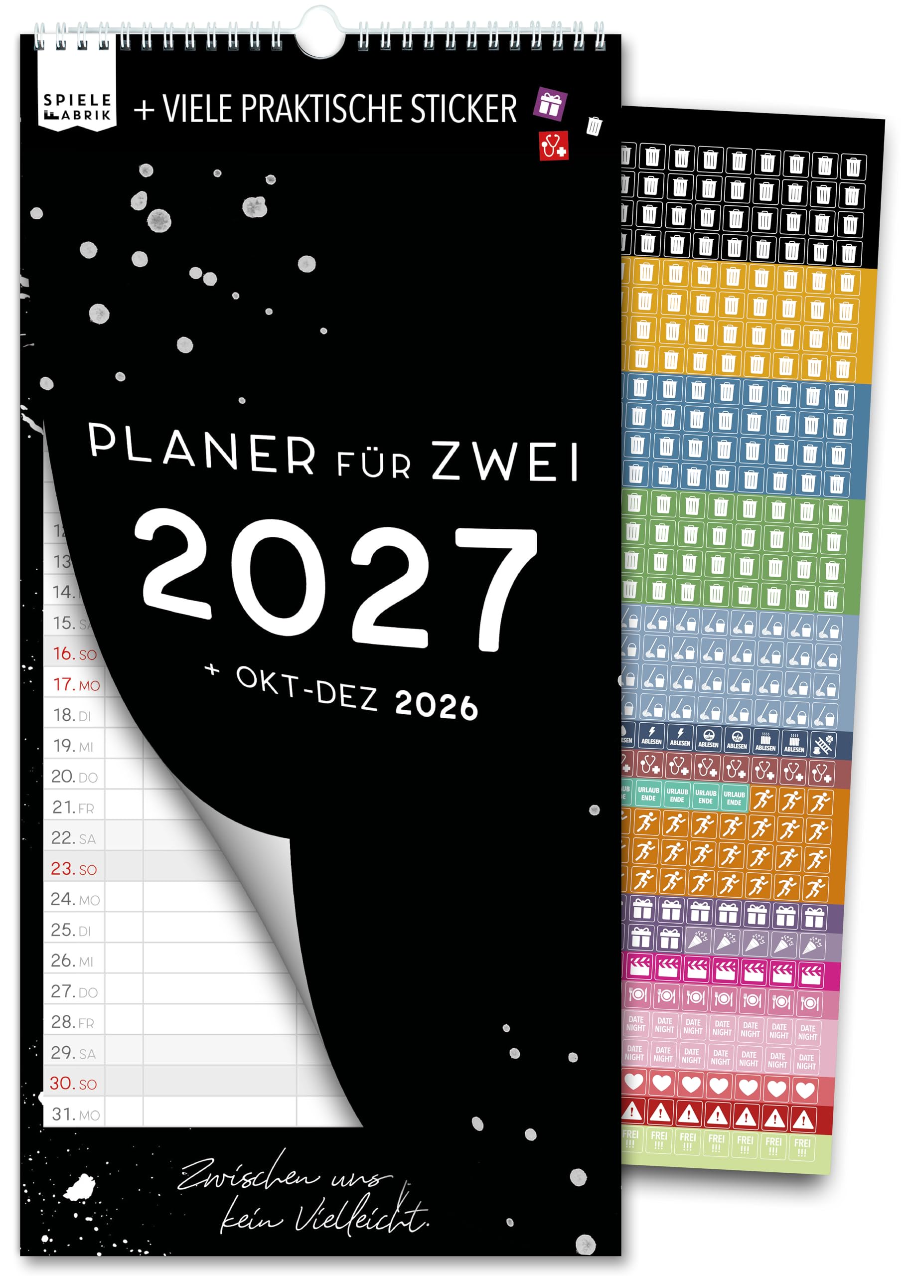 Spielefabrik® Familienkalender 2027 3 Spalten Paarkalender 16 x 32,5 cm SCHWARZ WEISS Paarplaner Klassischer Kalender für zwei mit Sprüchen Minimalistisches cleanes Design inkl. Sticker und Feiertage