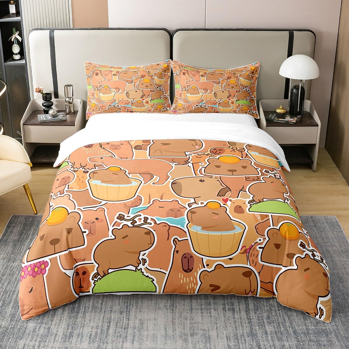 Linge de lit capybara 140x200cm en coton, idée cadeau pour anniversaire