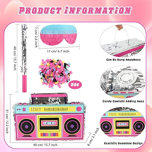 Miniatura 2 de Juego de 4 piezas de radio Boombox de los años 80 y 90, incluye boombox para piñata y palo de murciélago, confeti de color para nostalgia de los