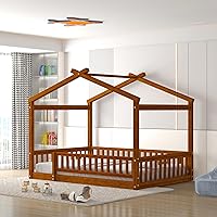 Vista 38 de Merax Cama de tamaño individual de madera estilo casa con valla, marco de cama de madera con techo y barandilla de seguridad para niños, Blanco