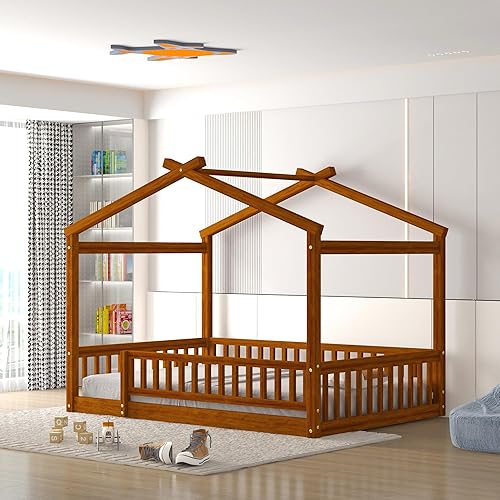 Cama de casa tamaño matrimonial con barandillas de valla, marco de cama de madera estilo Montessori para niños, divertidas camas de casa de juegos