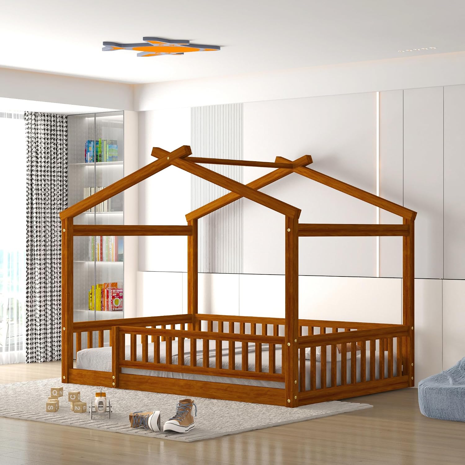 House Bed Full Size Floor Bed with Fence Railings, Wooden Montessori Style Bed Frame for Kids, Fun Playhouse Beds for Girl...