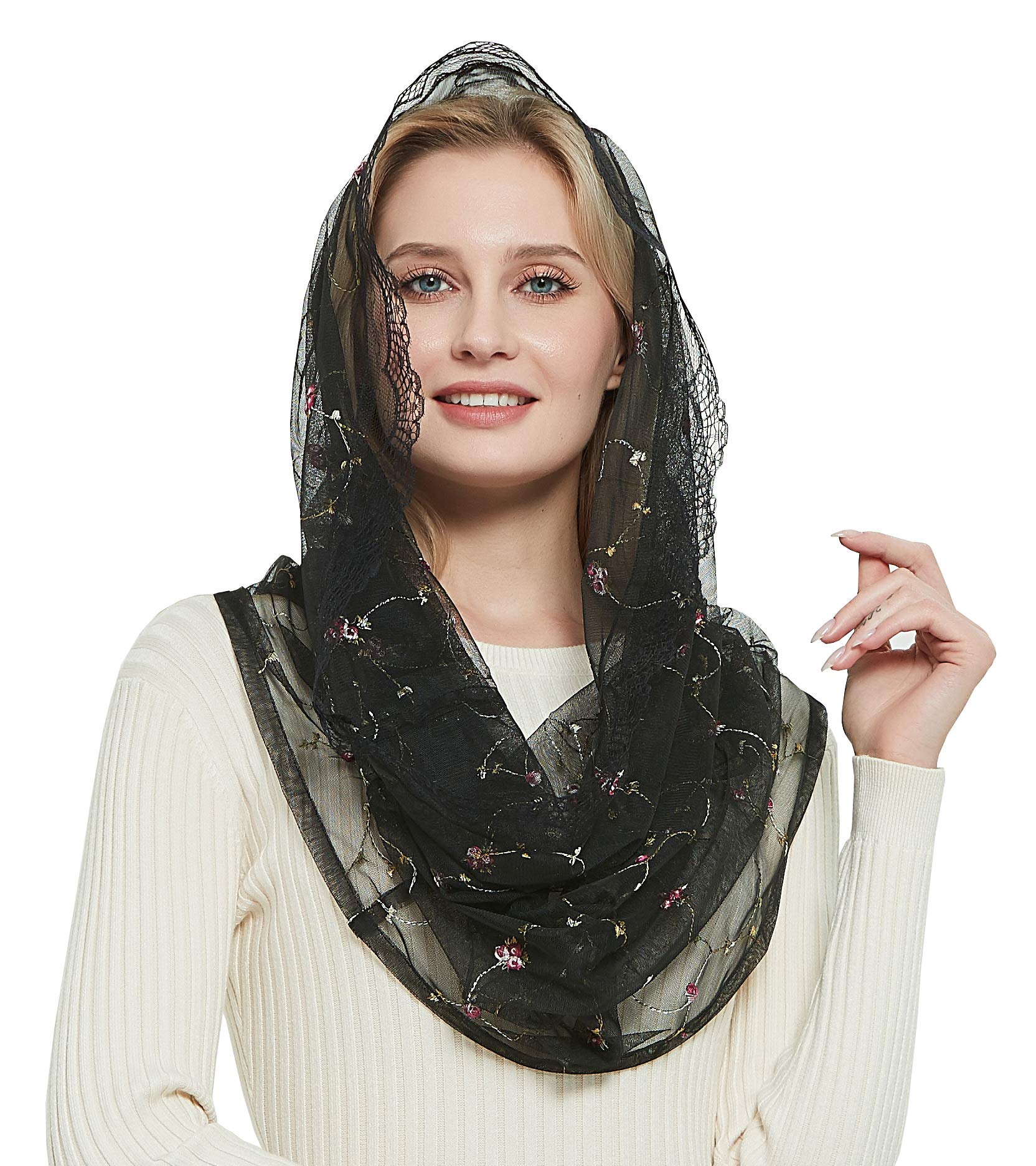 Leimandy Women's Black Wrap Orthodox Veil Head Covering With Embroidered Flowers Catholic Chapel Mantilla Veil V50, One Size