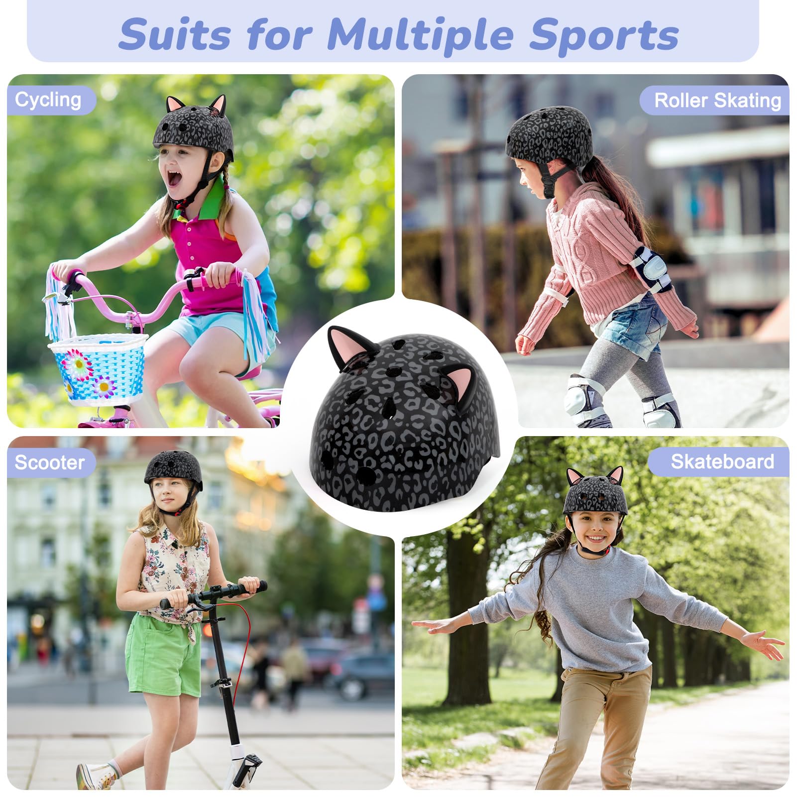 MHJY Casque Vélo Enfant Filles 8-14 Ans Casque Trottinette pour Fille Adolescents avec Oreilles de Chat DIY, Réglables Casques de Protection Roller Enfant pour Skateboard, Cyclisme, Patinage