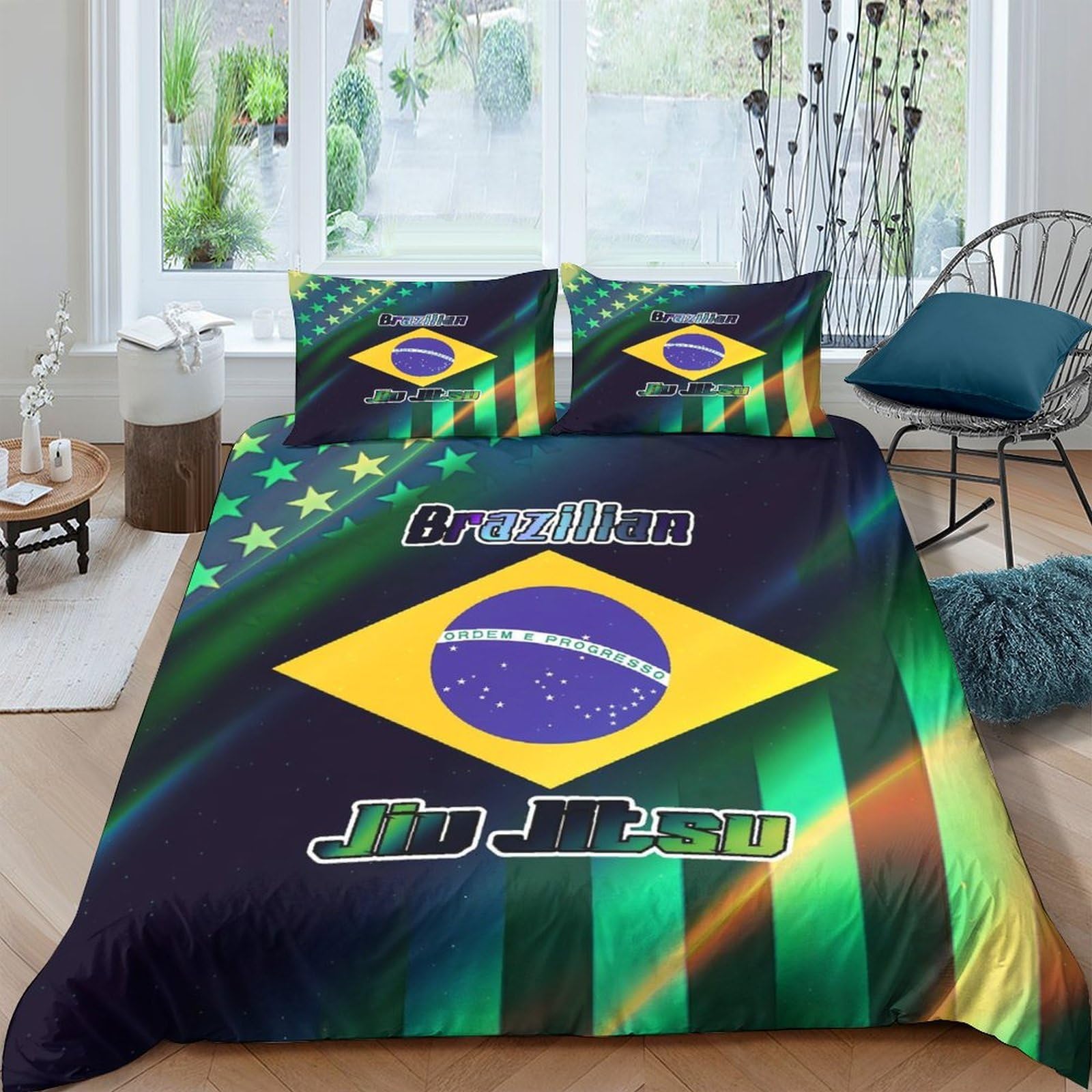 GPLZQXKJNH 3D Printed Brazil Flag Duvet Cover Microfiber Soft Breathable Jiu Jitsu Bedding Set with 2 Pillowcases for Bedroom Decor Single（135x200cm）