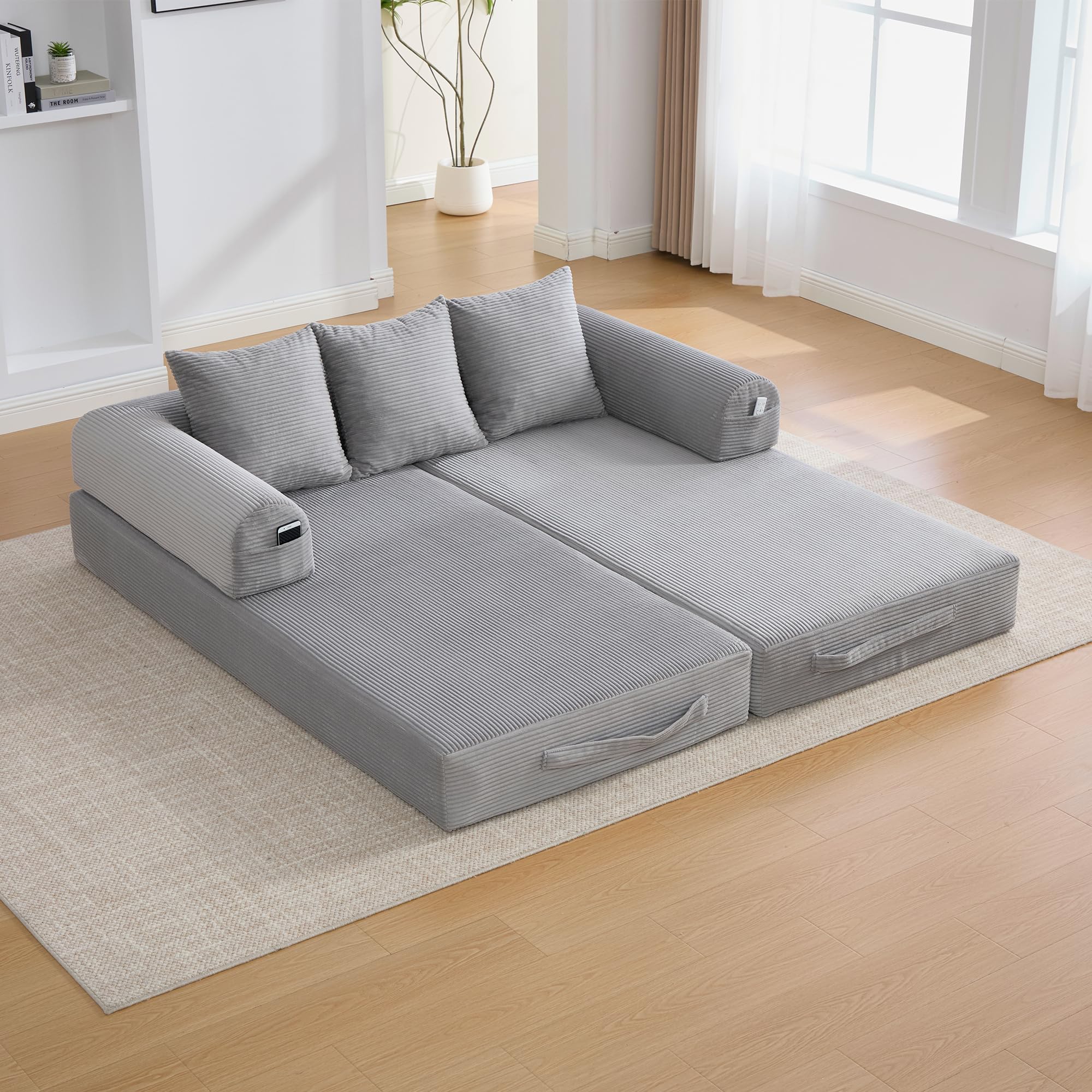 Sapgaks - Sofá convertible de 3 plazas con estructura de metal resistente, bolsillos laterales y 3 cojines, sofá modular de pana, se puede combinar libremente, sofá cama, gris claro