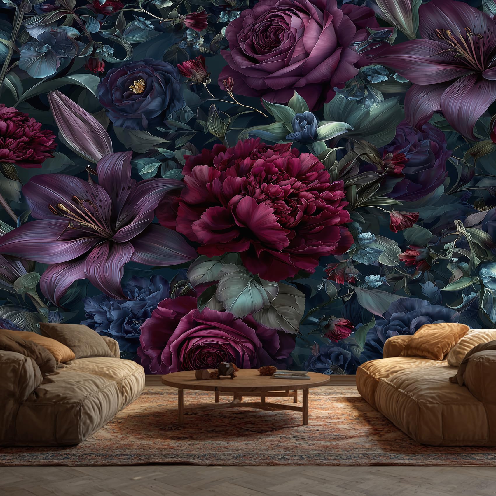 Moody Flower Mural Wallpaper, Vintage Floral Wallpaper for Bedroom, Living Room, TV Backdrop, Office, 3D Large Wall Mural Non-Woven Wall Paper 400 x 280 cm (WxH) d96
